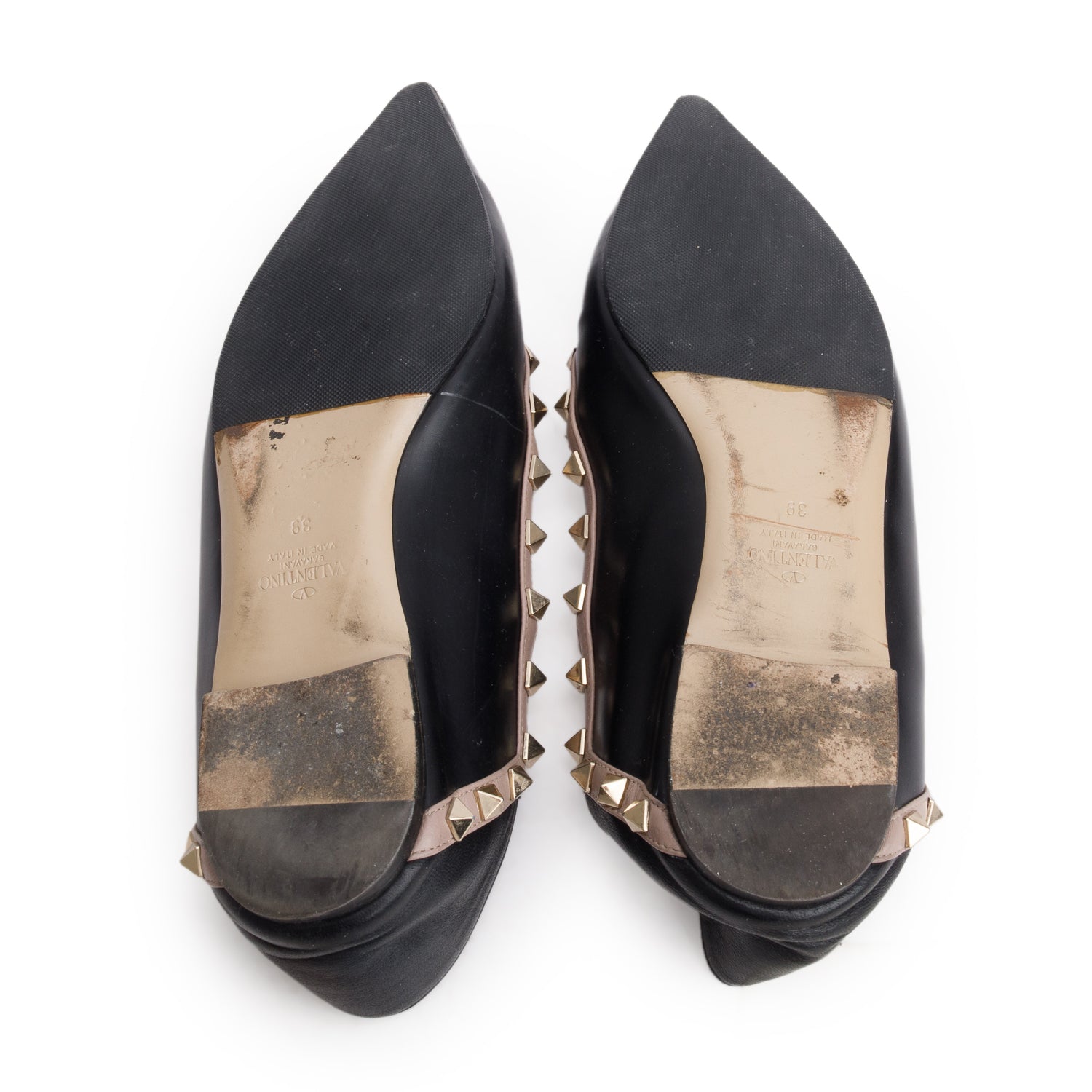 Valentino Black Nappa Leather Rockstud Caged Ballet Flats, Size 39