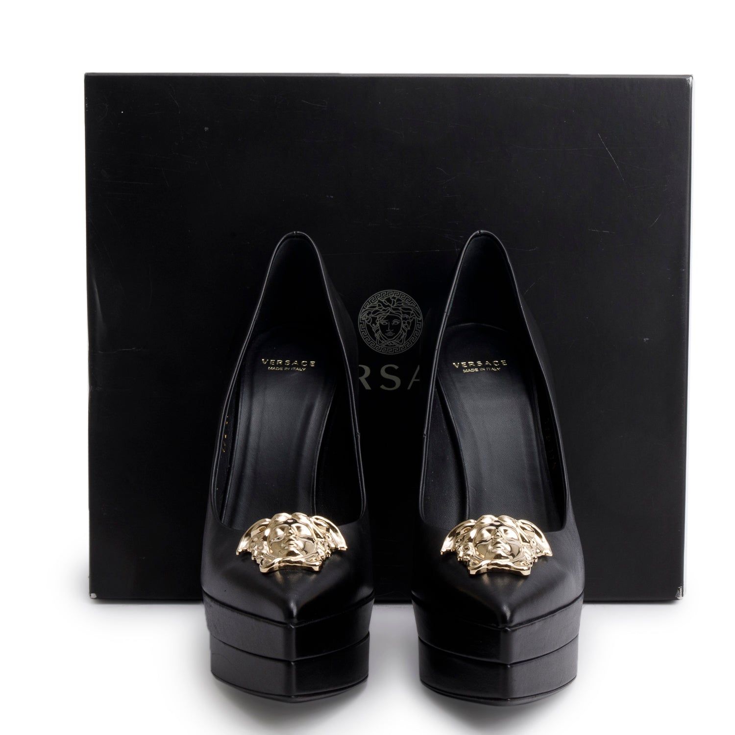 Versace Black Leather Medusa Insignia Double Platform Pumps, Size 37.5 w/ Box