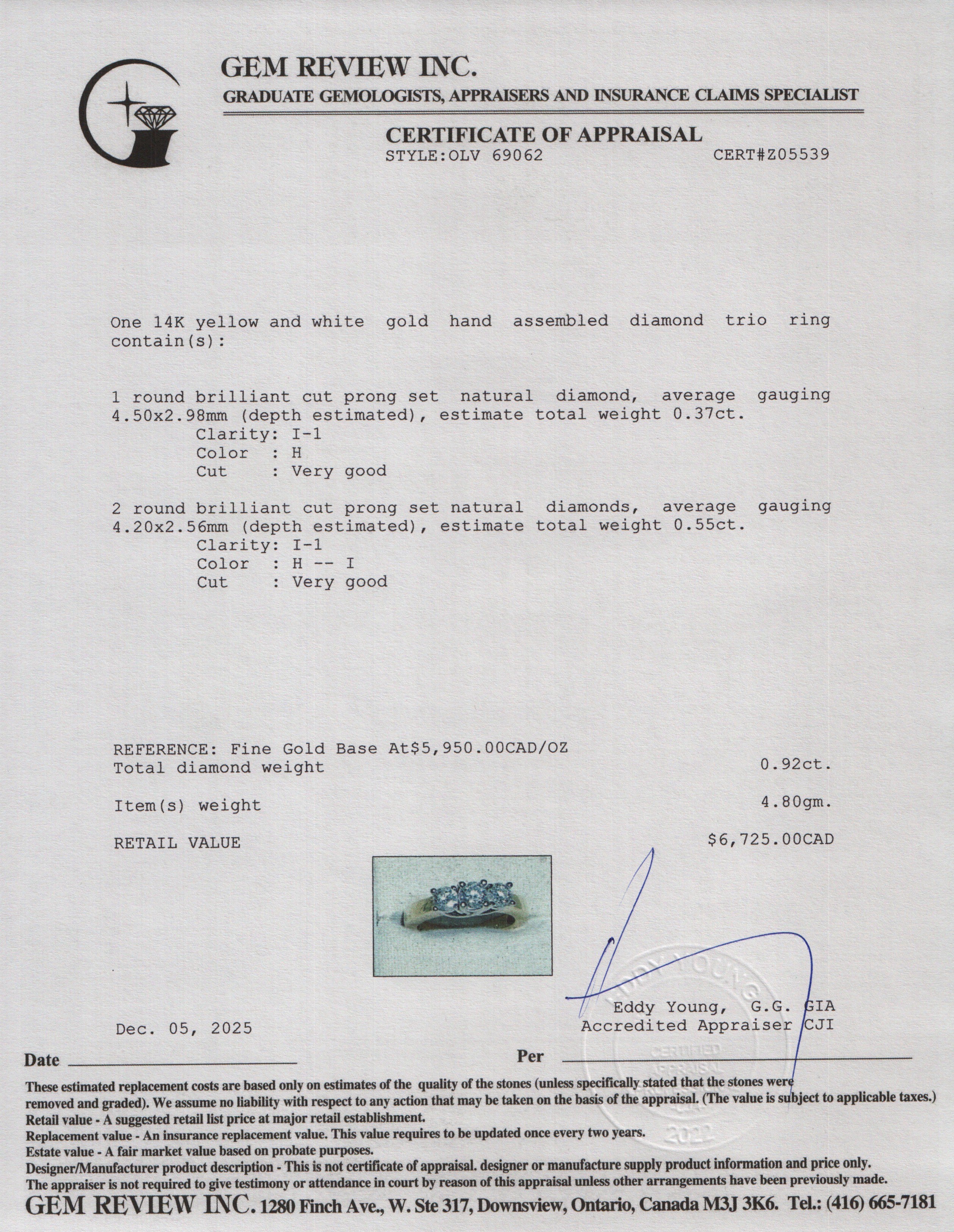 14k Yellow & White Gold Diamond Three-Stone Ring, Size 7