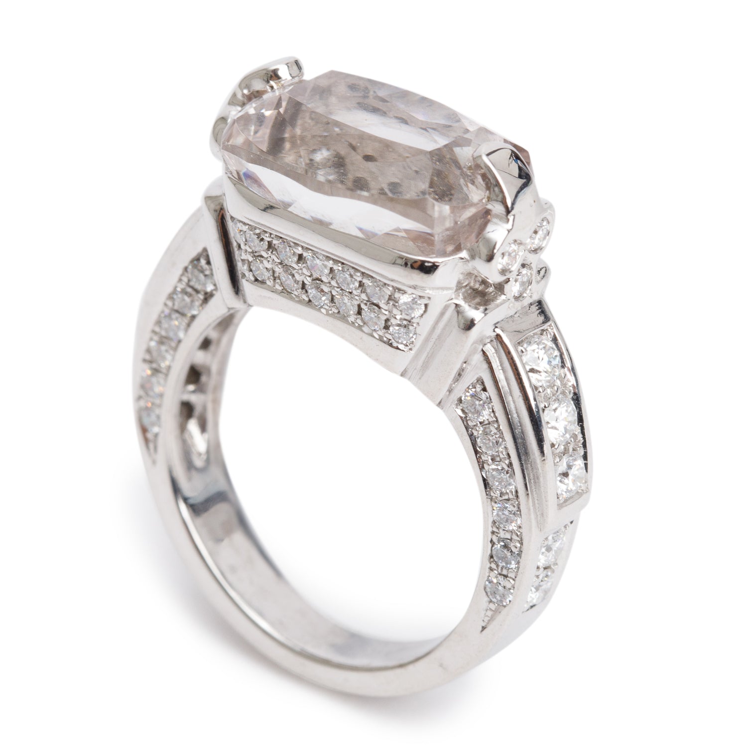 18k White Gold Kunzite and Diamond Cocktail Ring, Size 6.25