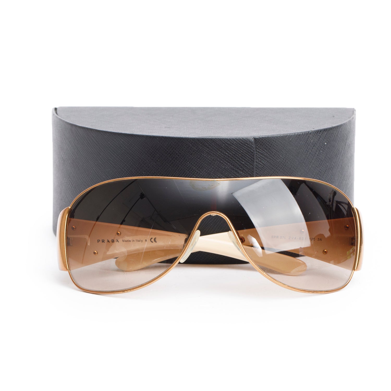 Prada SPR 57L Cream Triangle Logo Shield Sunglasses w/ Case