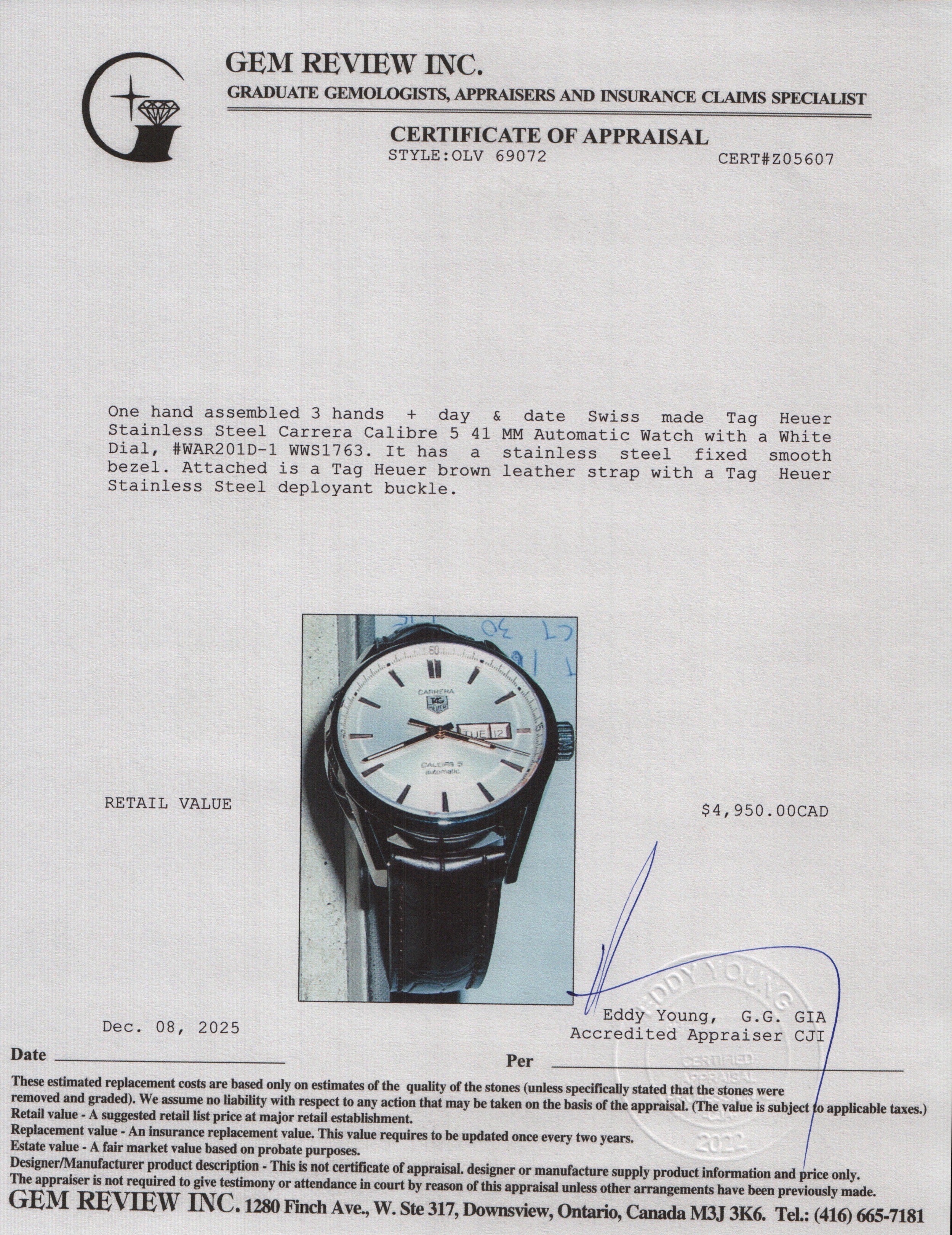 Tag Heuer Stainless Steel Carrera Calibre 5 41 MM Automatic Watch  White Dial WAR201D-1 w/ Box & Papers