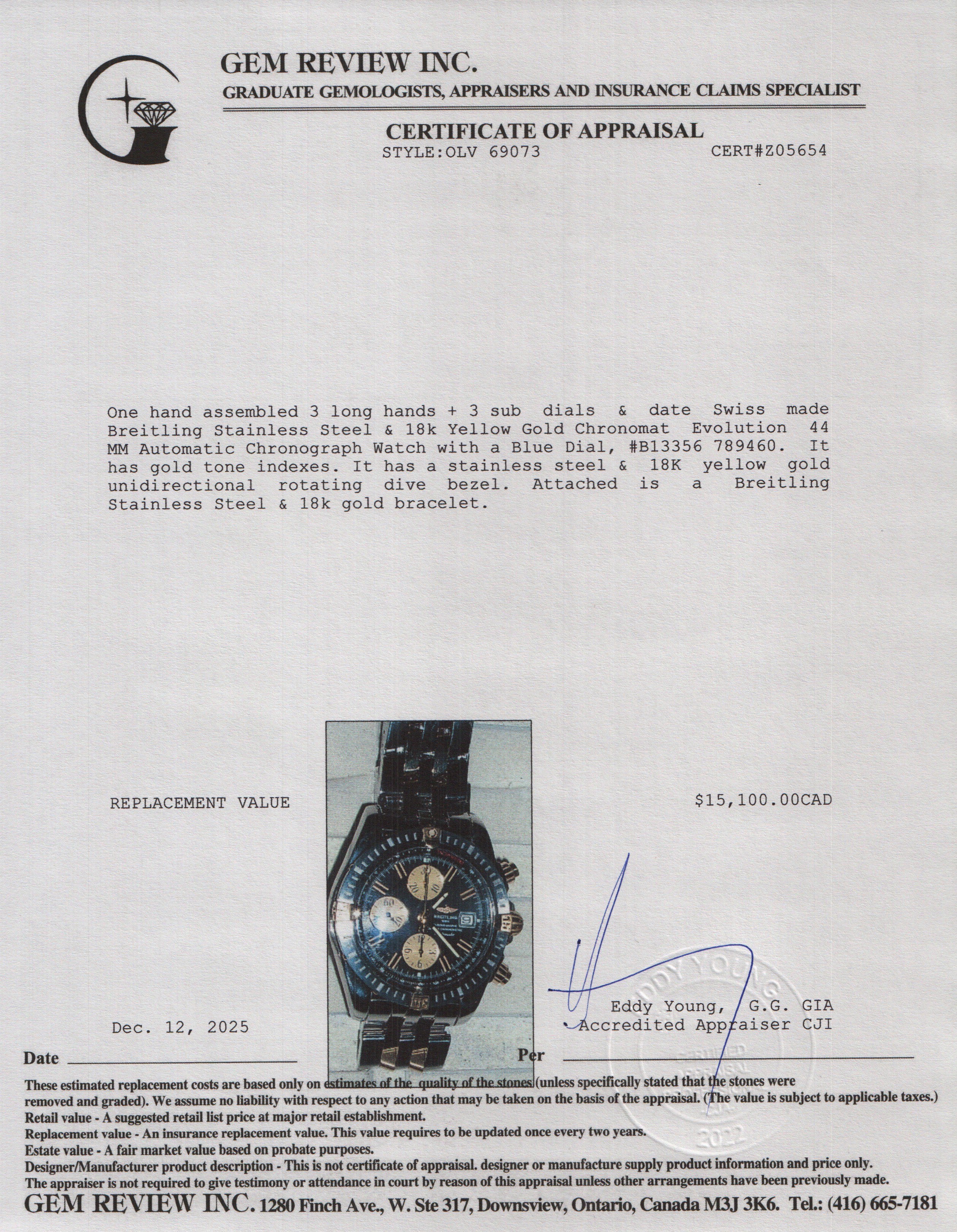 Breitling Stainless Steel & 18k Yellow Gold Chronomat Evolution 44 MM Automatic Chronograph Watch Blue Dial B13356 w/ Box & Papers