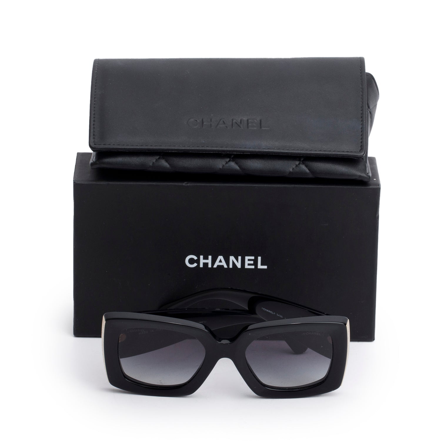 Chanel 5435 Black Interlocking CC Square Sunglasses w/ Box & Case