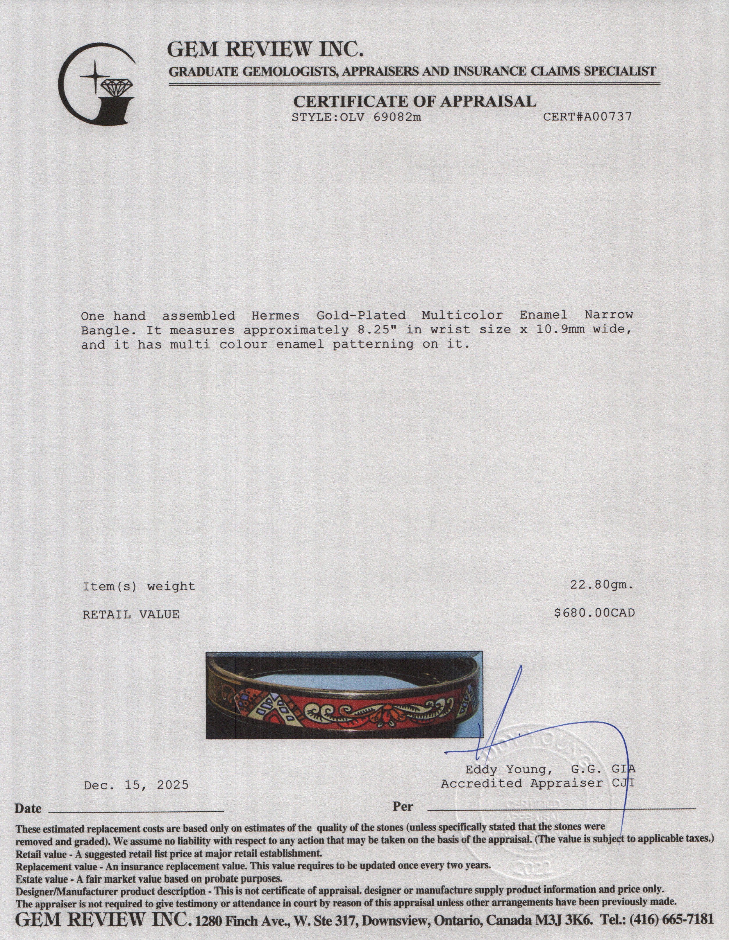 Hermes Gold-Plated Multicolor Enamel Narrow Bangle