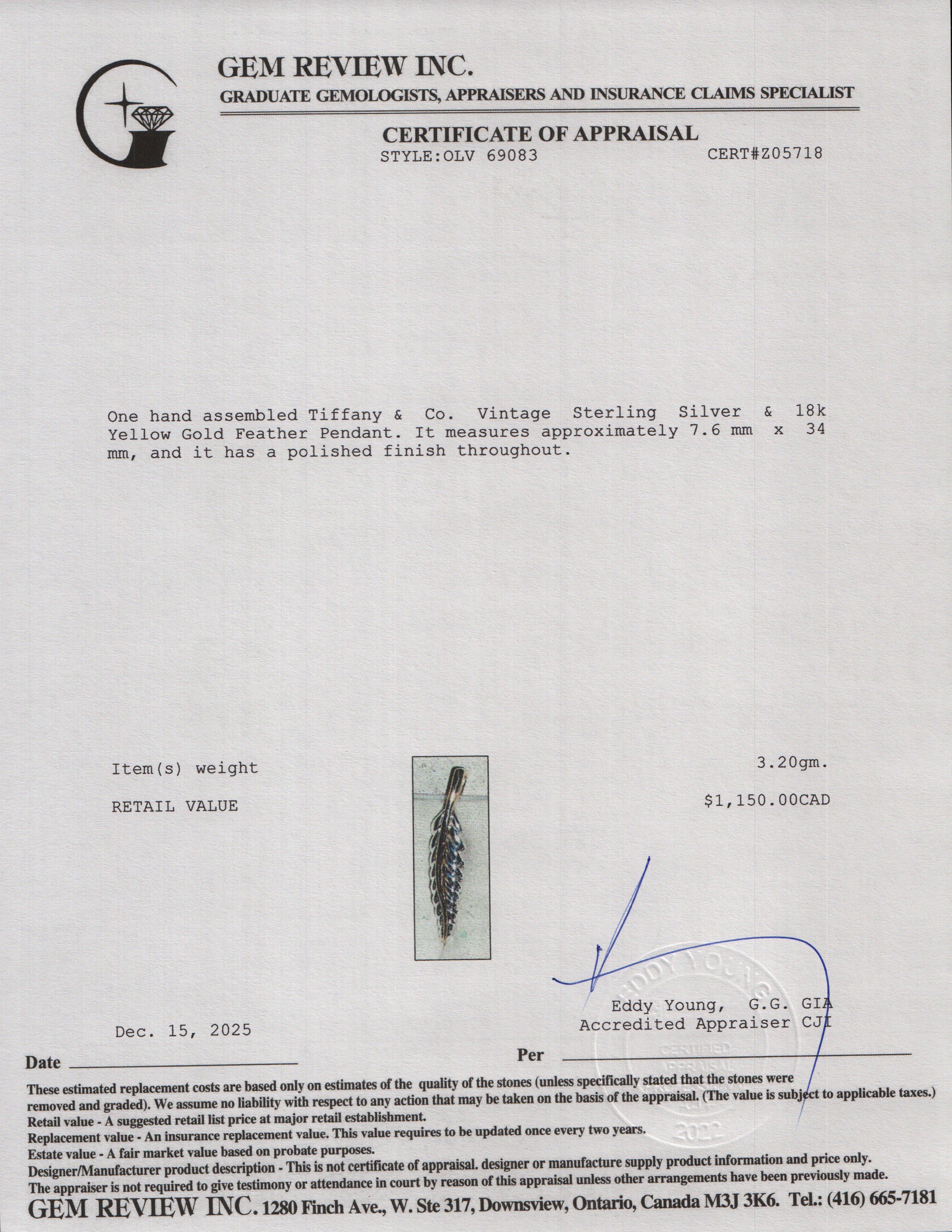 Tiffany & Co. Vintage Sterling Silver & 18k Yellow Gold Feather Pendant