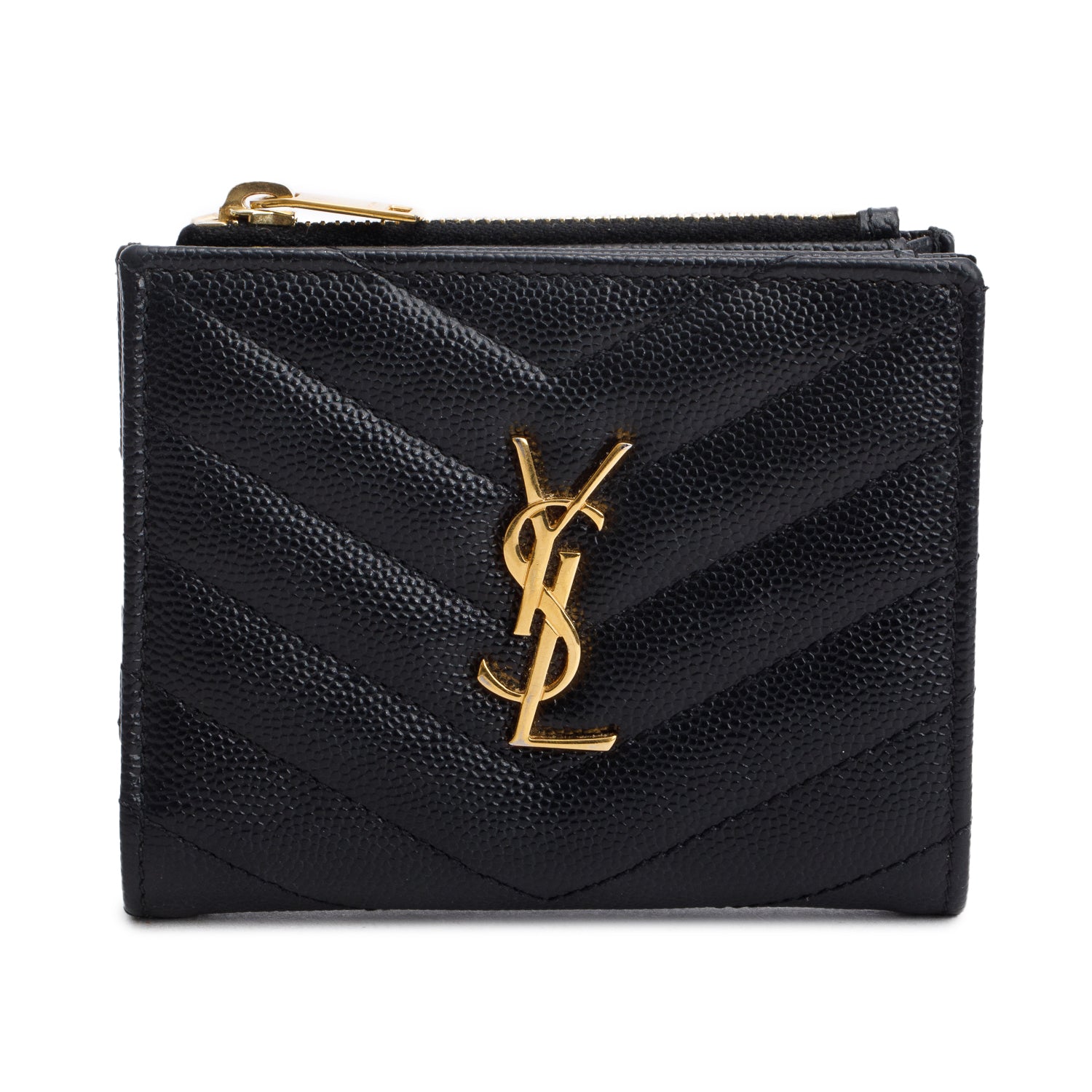 Saint Laurent Black Grain de Poudre Leather Cassandre Matelasse Bi-Fold Wallet