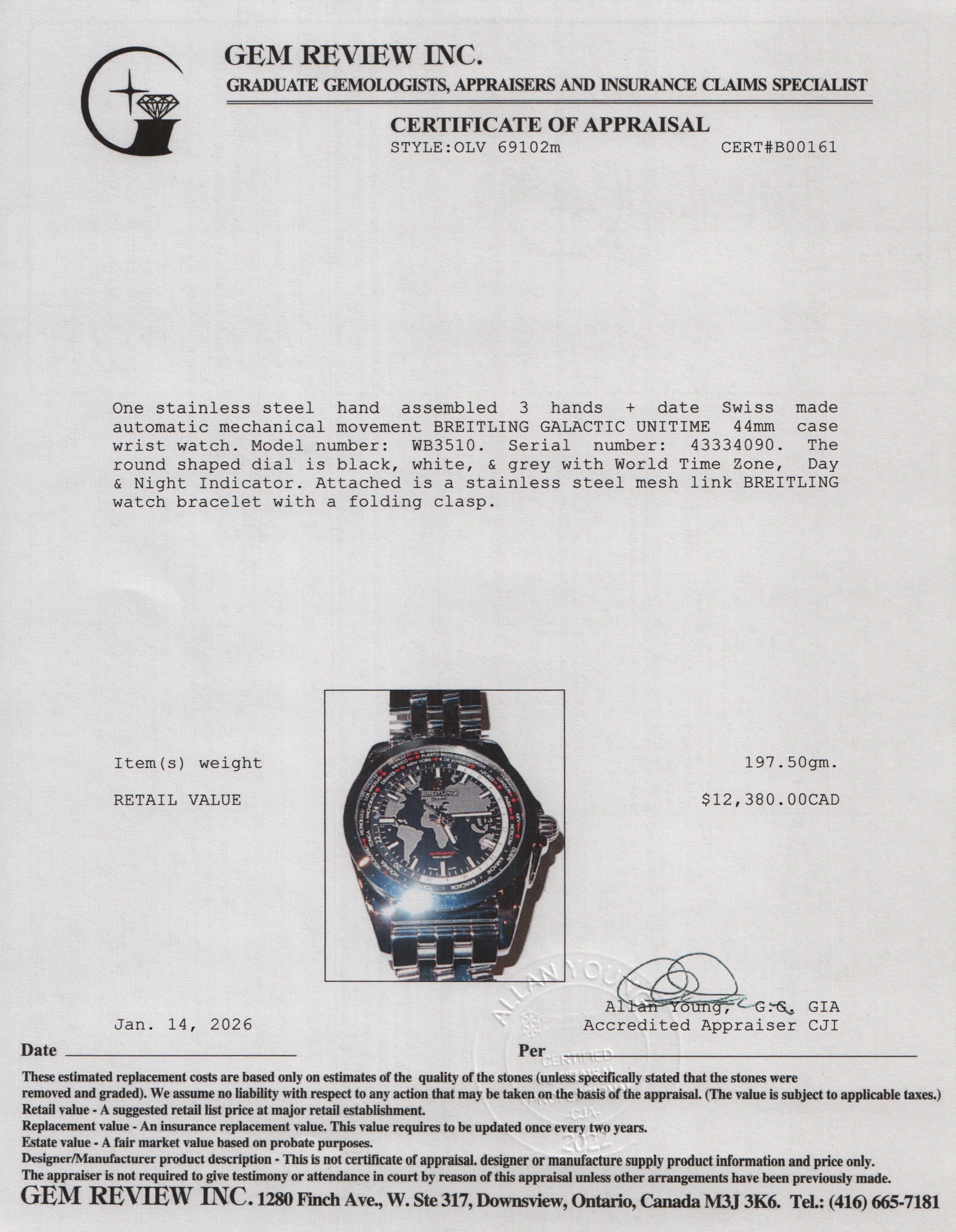 Breitling Stainless Steel Galactic Unitime 44 MM Automatic Watch Black Dial WB3510 w/ Case & Receipt