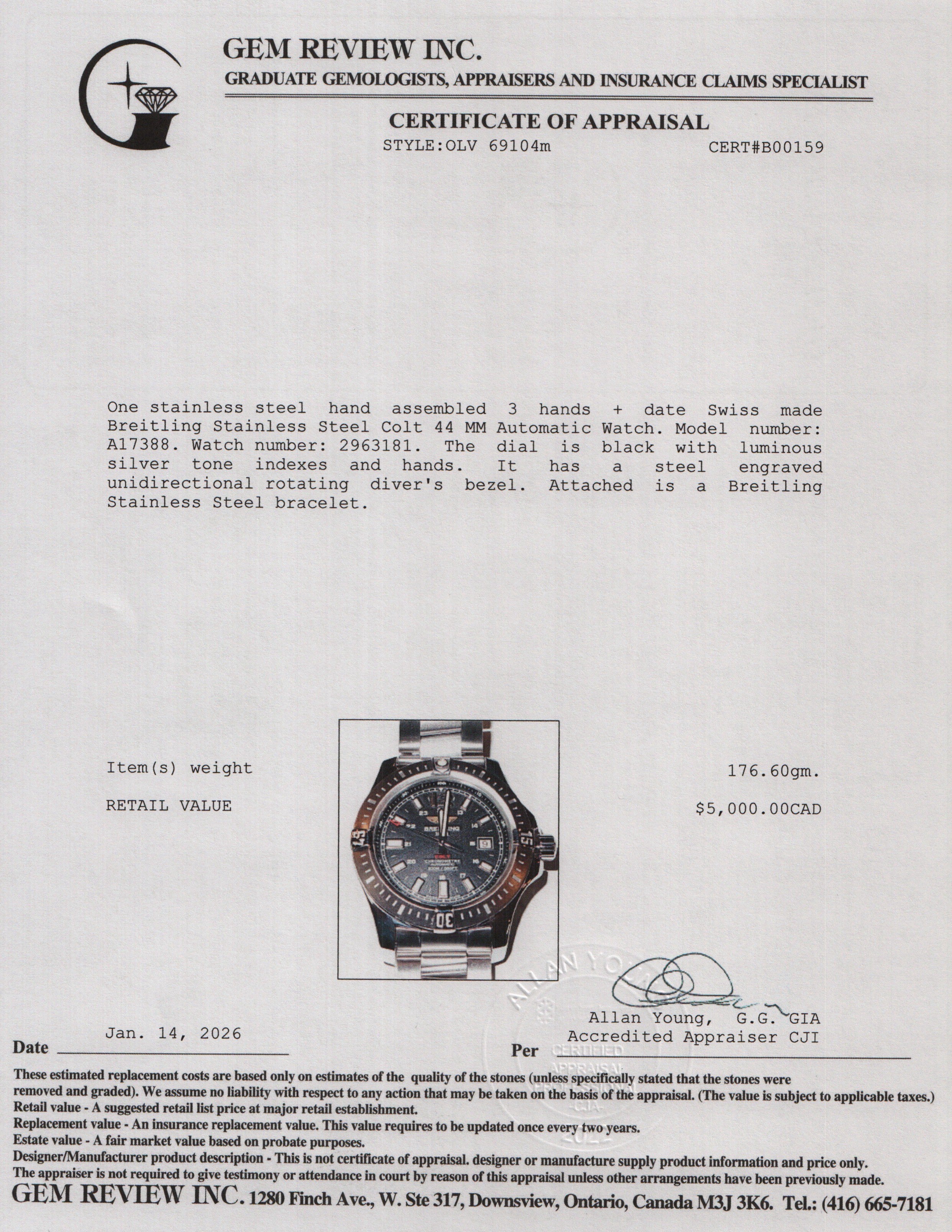 Breitling Stainless Steel Colt 44 MM Automatic Watch Black Dial A17388 w/ Box & Papers