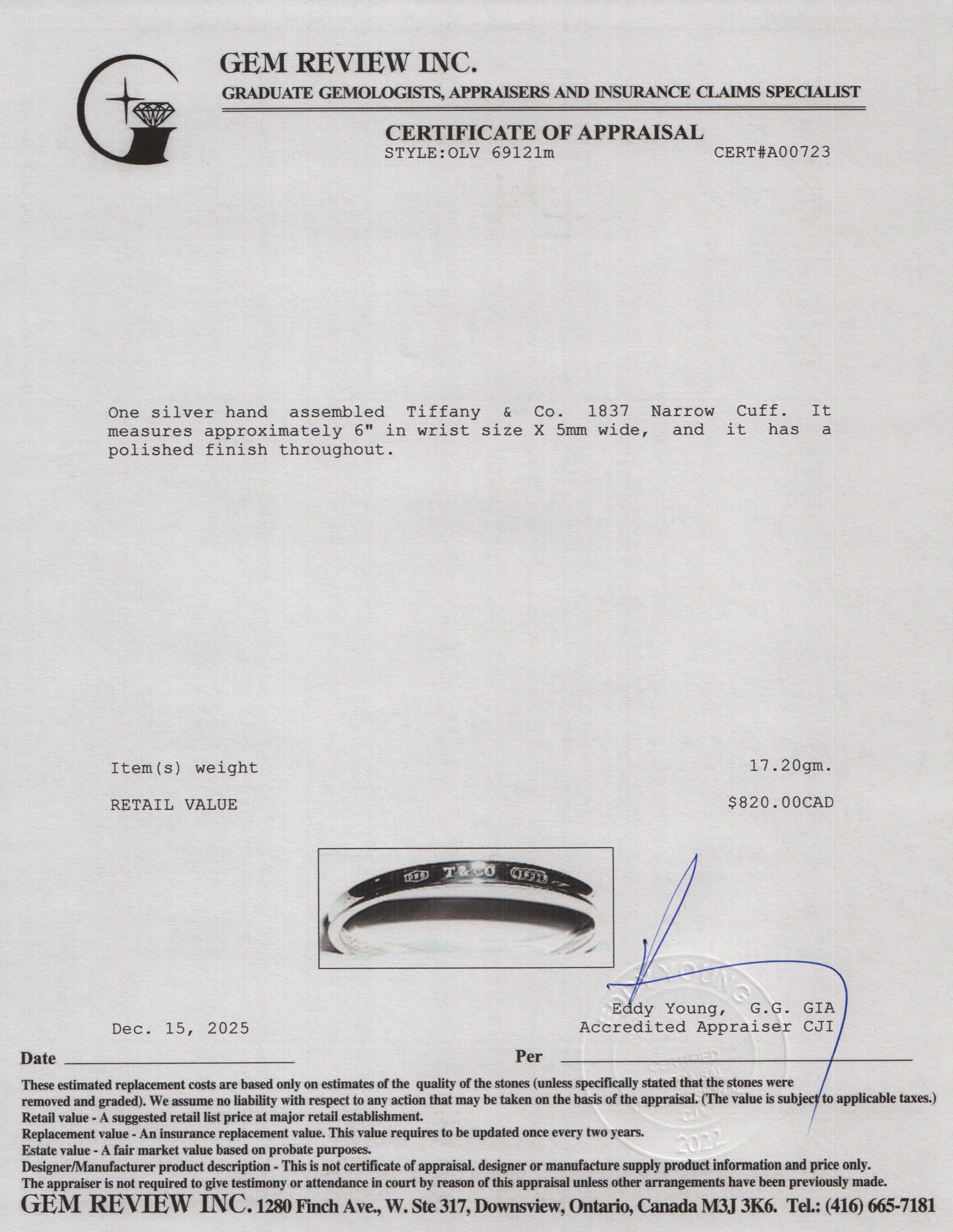 Tiffany & Co. Sterling Silver 1837 Narrow 5 MM Cuff