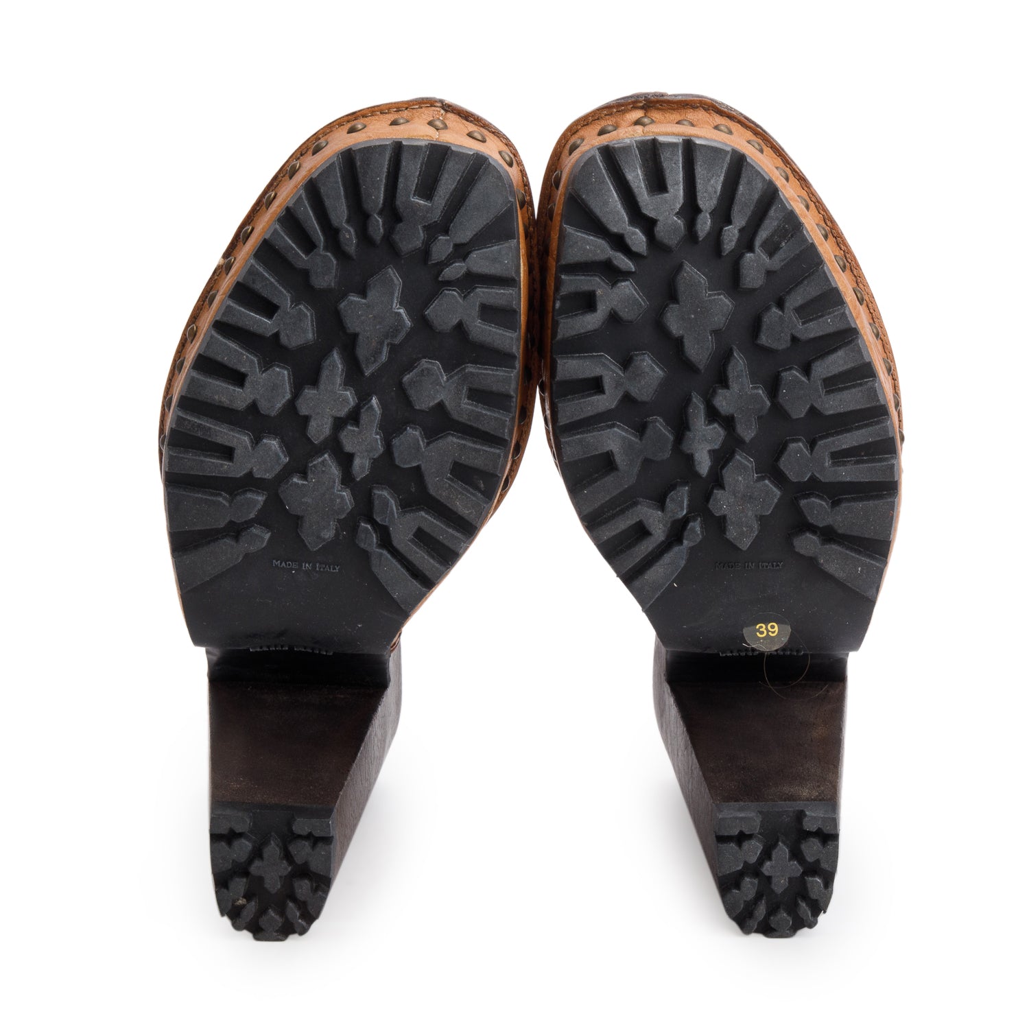 Miu Miu Brown Floral Embossed Leather Wooden Platform Clogs, Size 39