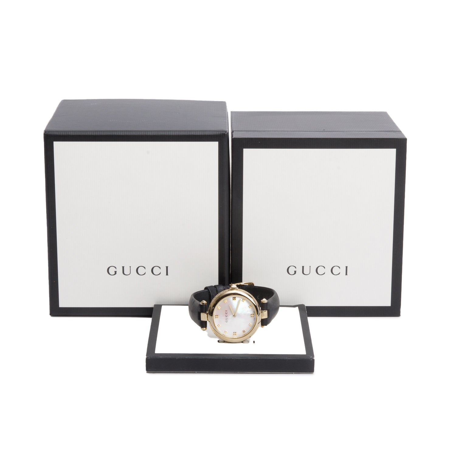 Gucci Yellow Gold Plated Stainless Steel Diamantissima 32 MM Watch Mother of Pearl Dial w/ Box & Papers