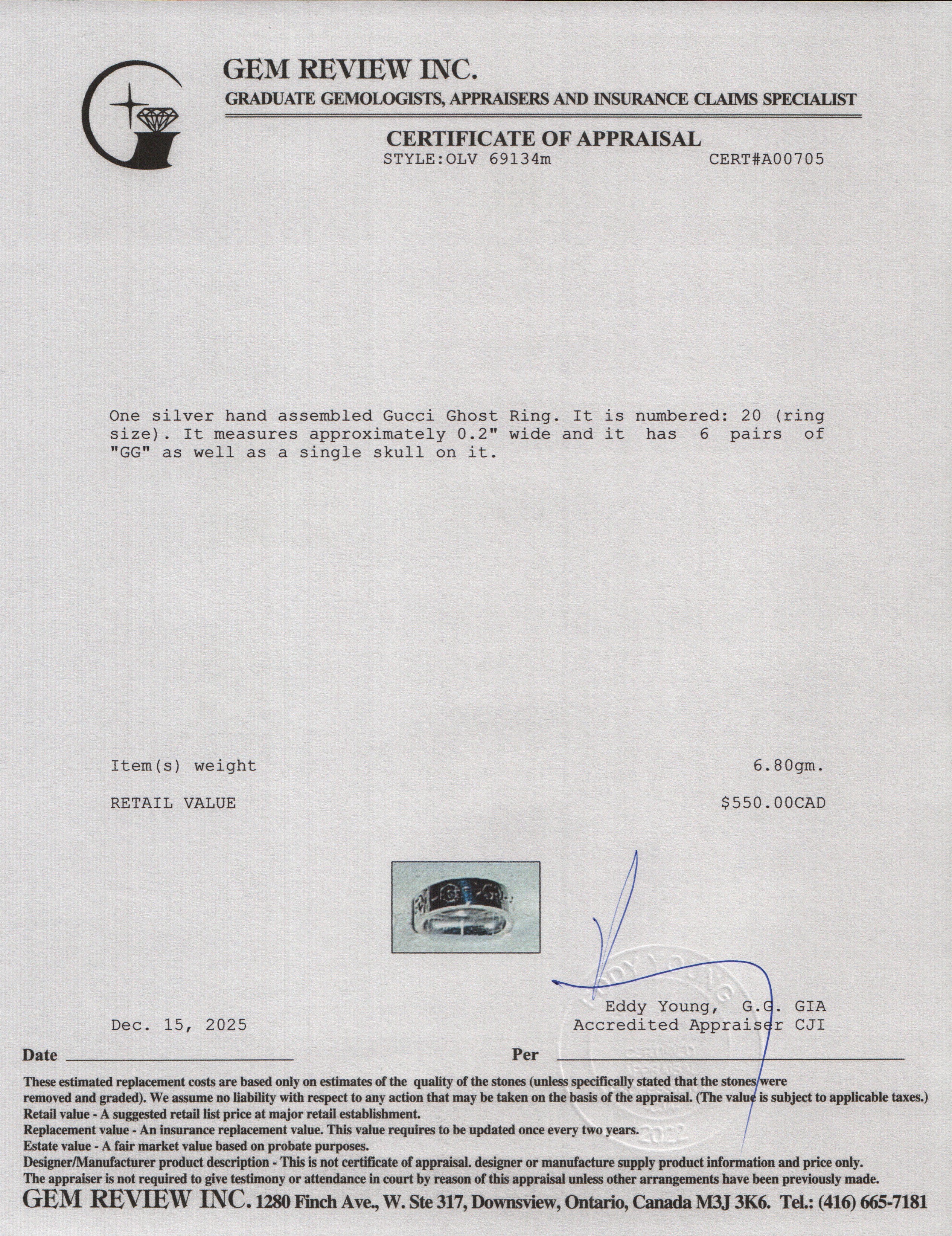 Gucci Sterling Silver Ghost Ring, Size 9