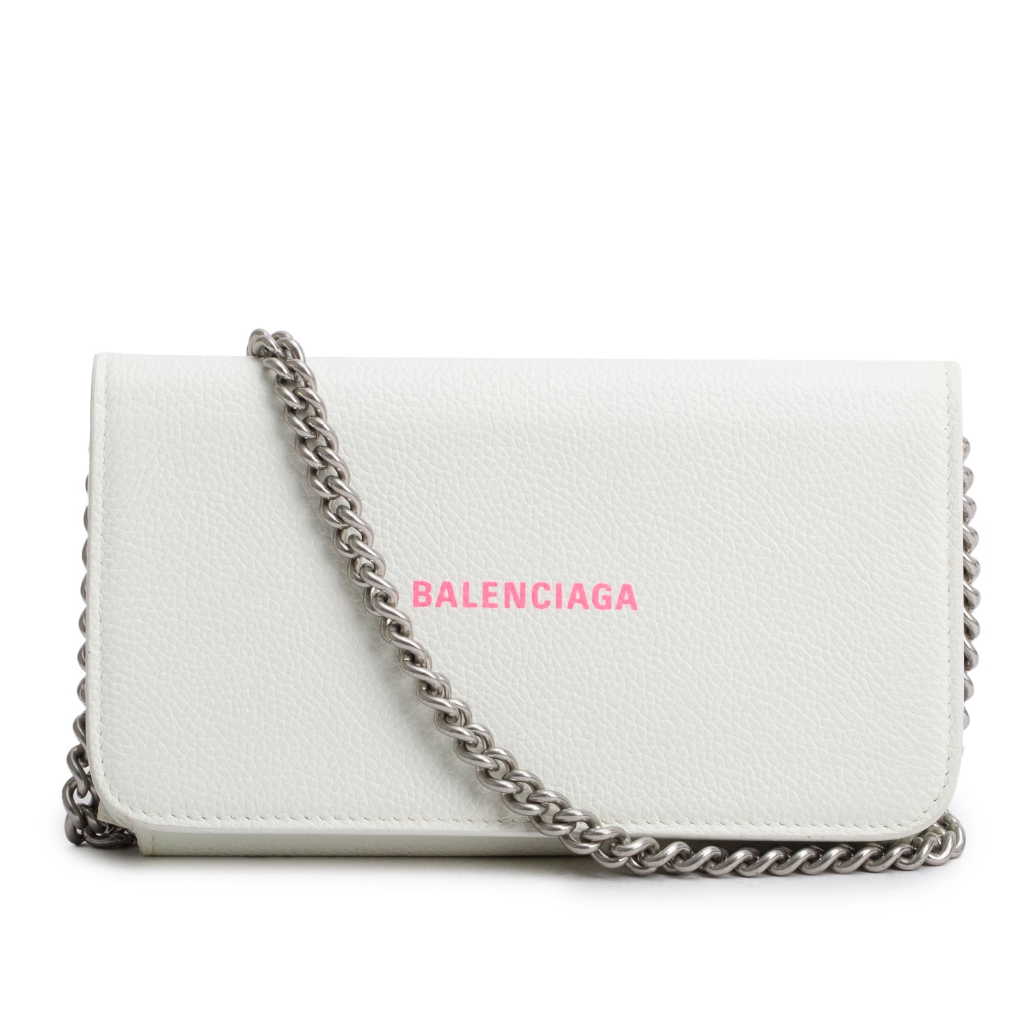Balenciaga White Pebbled Calfskin Logo Everyday Flap Chain Wallet