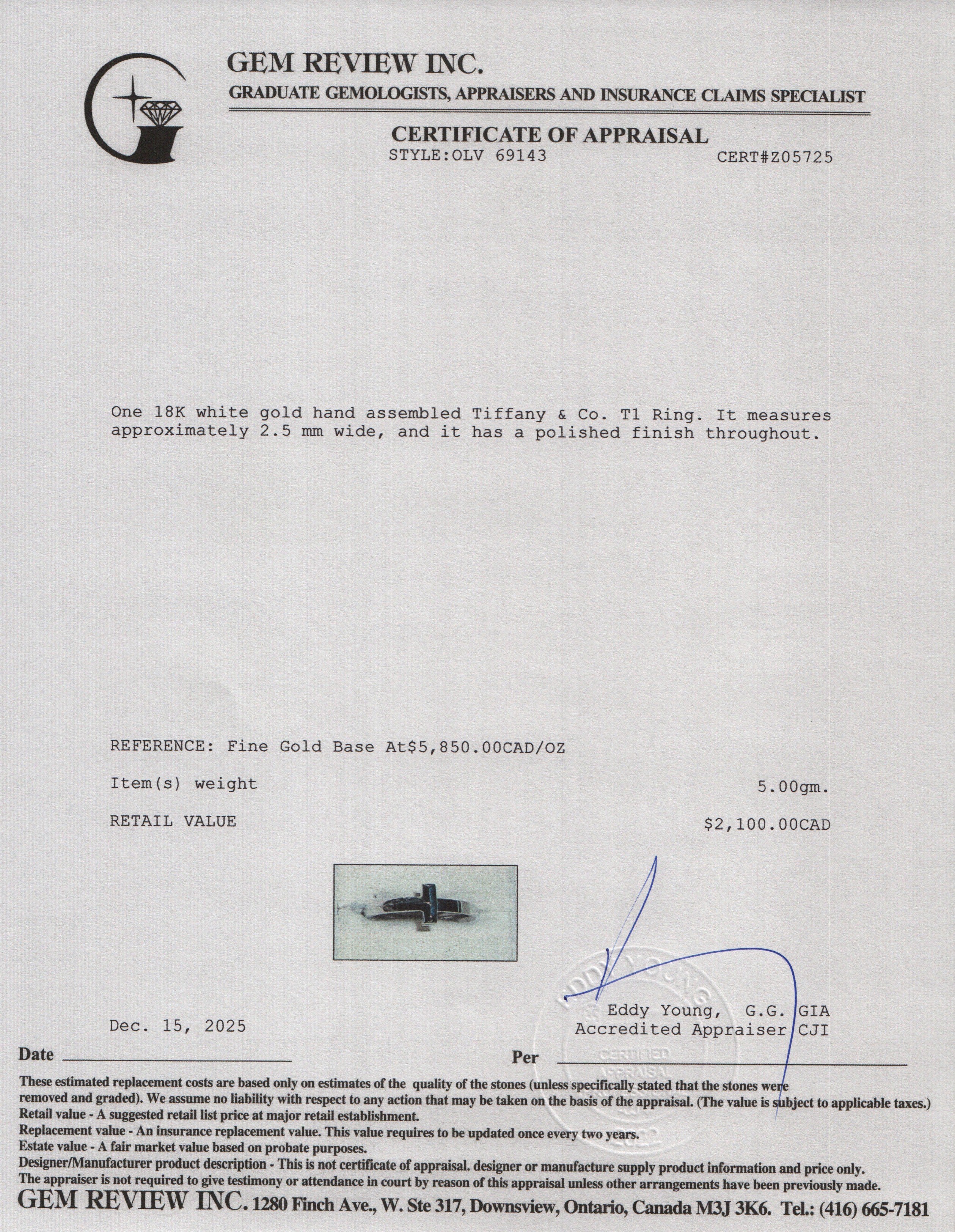 Tiffany & Co. 18k White Gold T1 Ring, Size 7.5