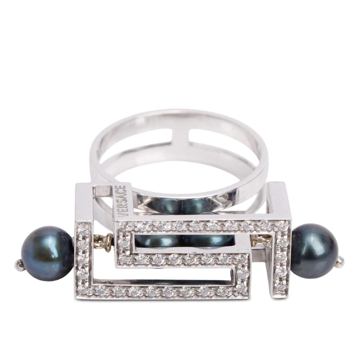 Versace Fedra 18k White Gold Diamond & Pearl Ring, Size 7