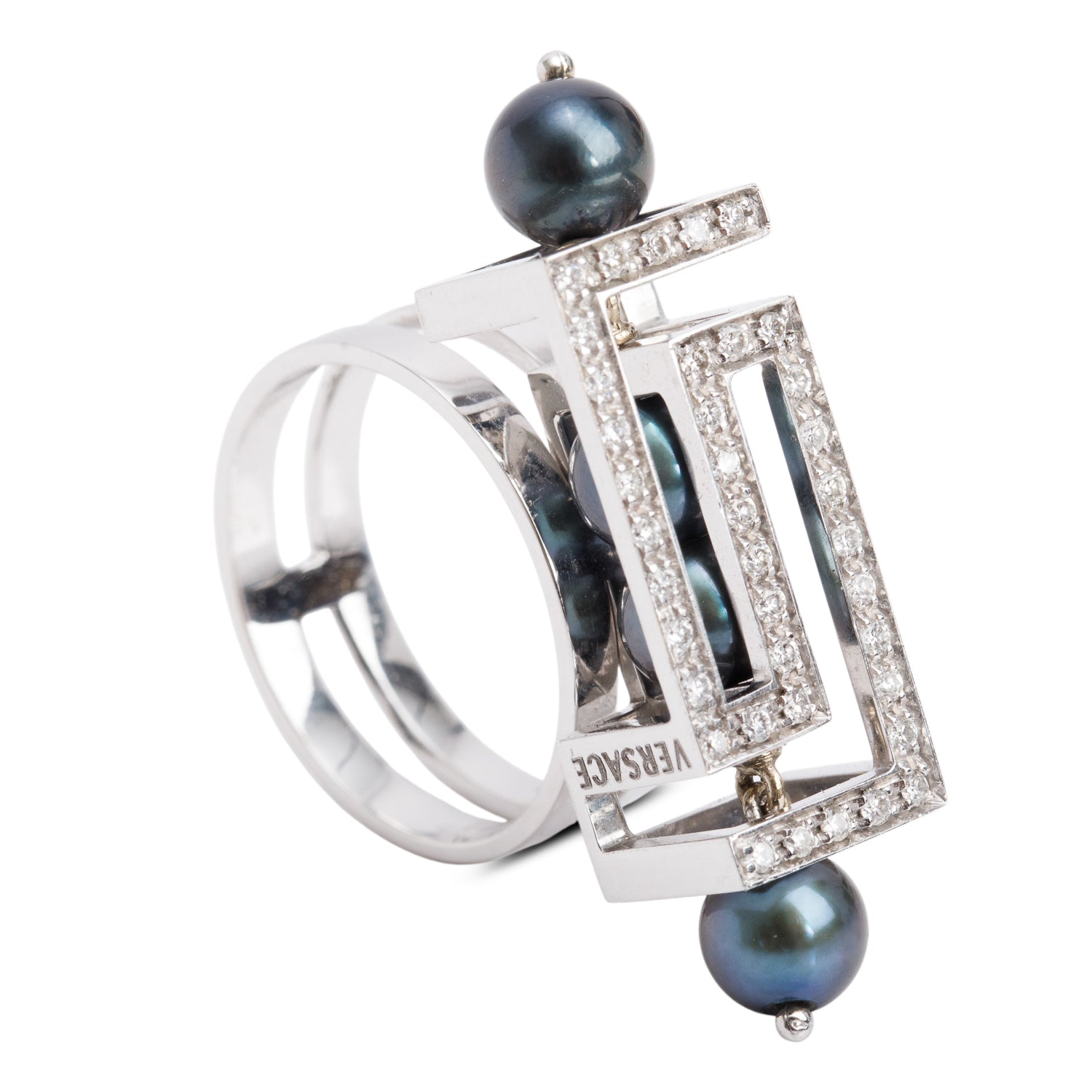 Versace Fedra 18k White Gold Diamond & Pearl Ring, Size 7