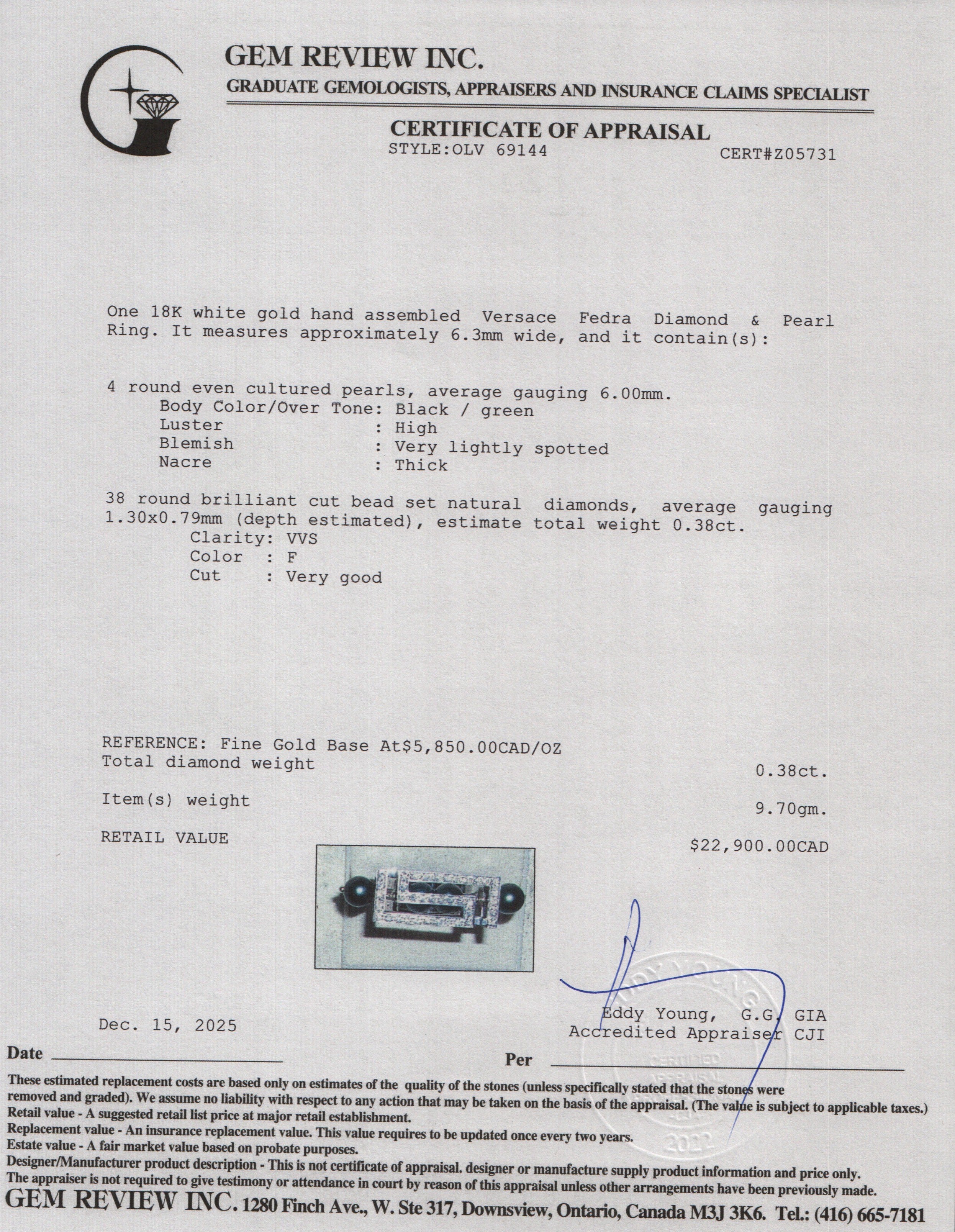 Versace Fedra 18k White Gold Diamond & Pearl Ring, Size 7