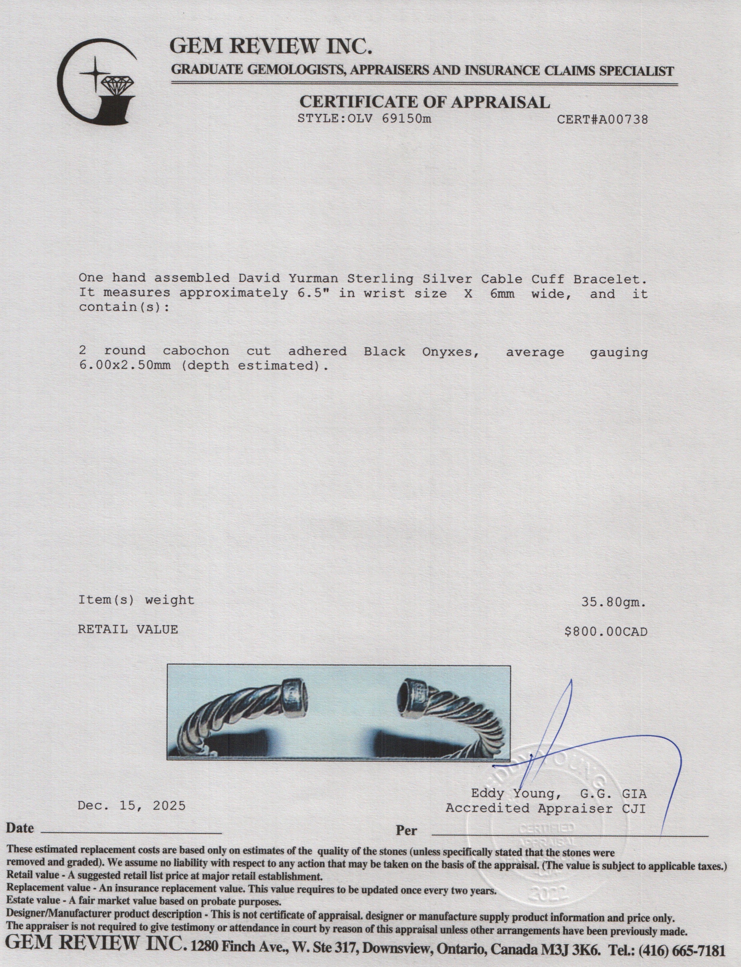 David Yurman Sterling Silver Black Onyx 6 MM Cable Cuff Bracelet w/ Box