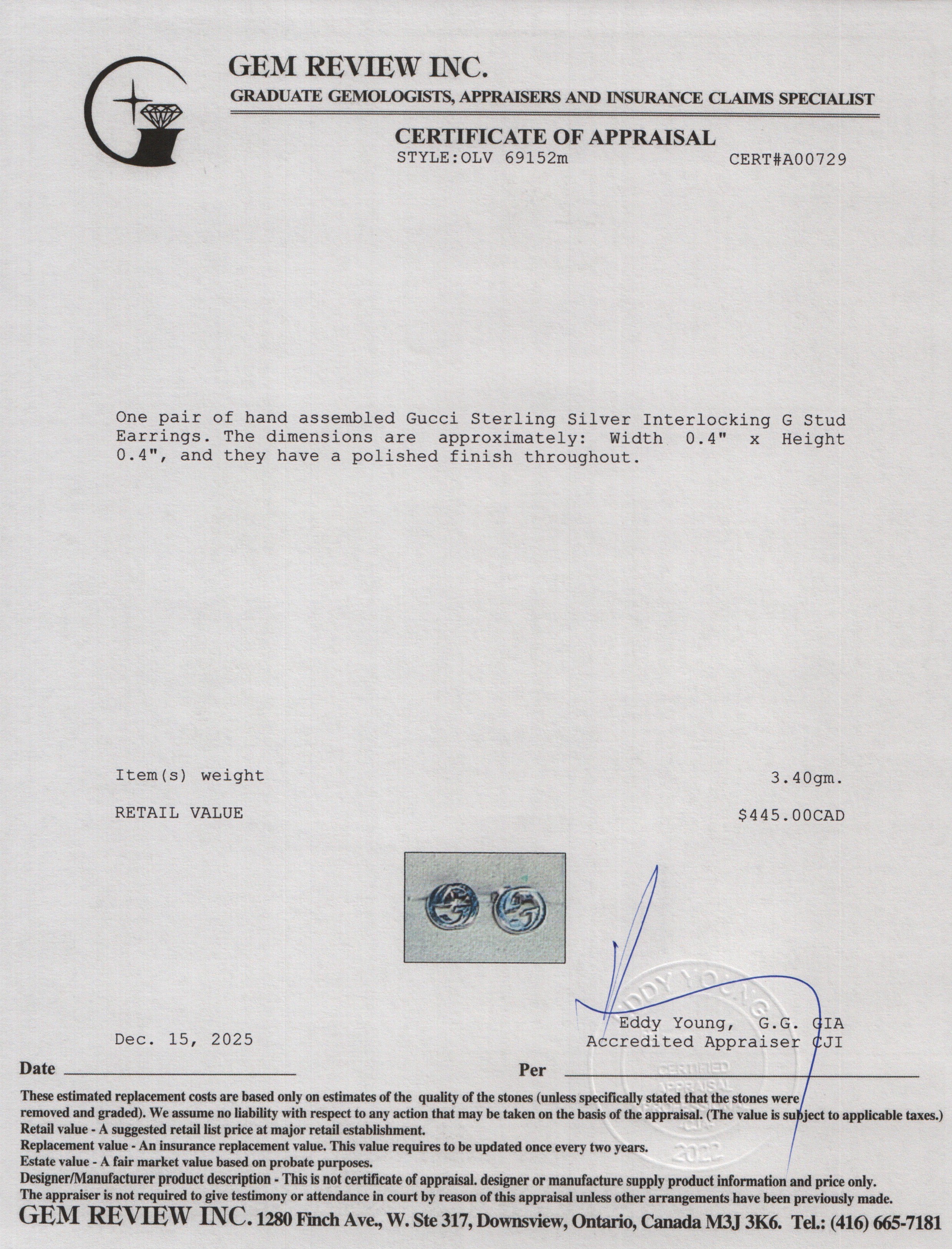 Gucci Sterling Silver Interlocking G Stud Earrings w/ Box