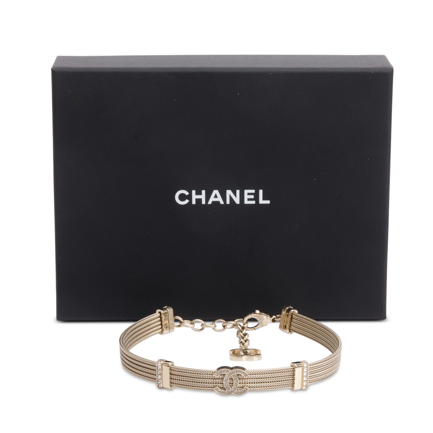 Chanel 2024 Gold-Plated Strass CC Mesh Choker Necklace w/ Box