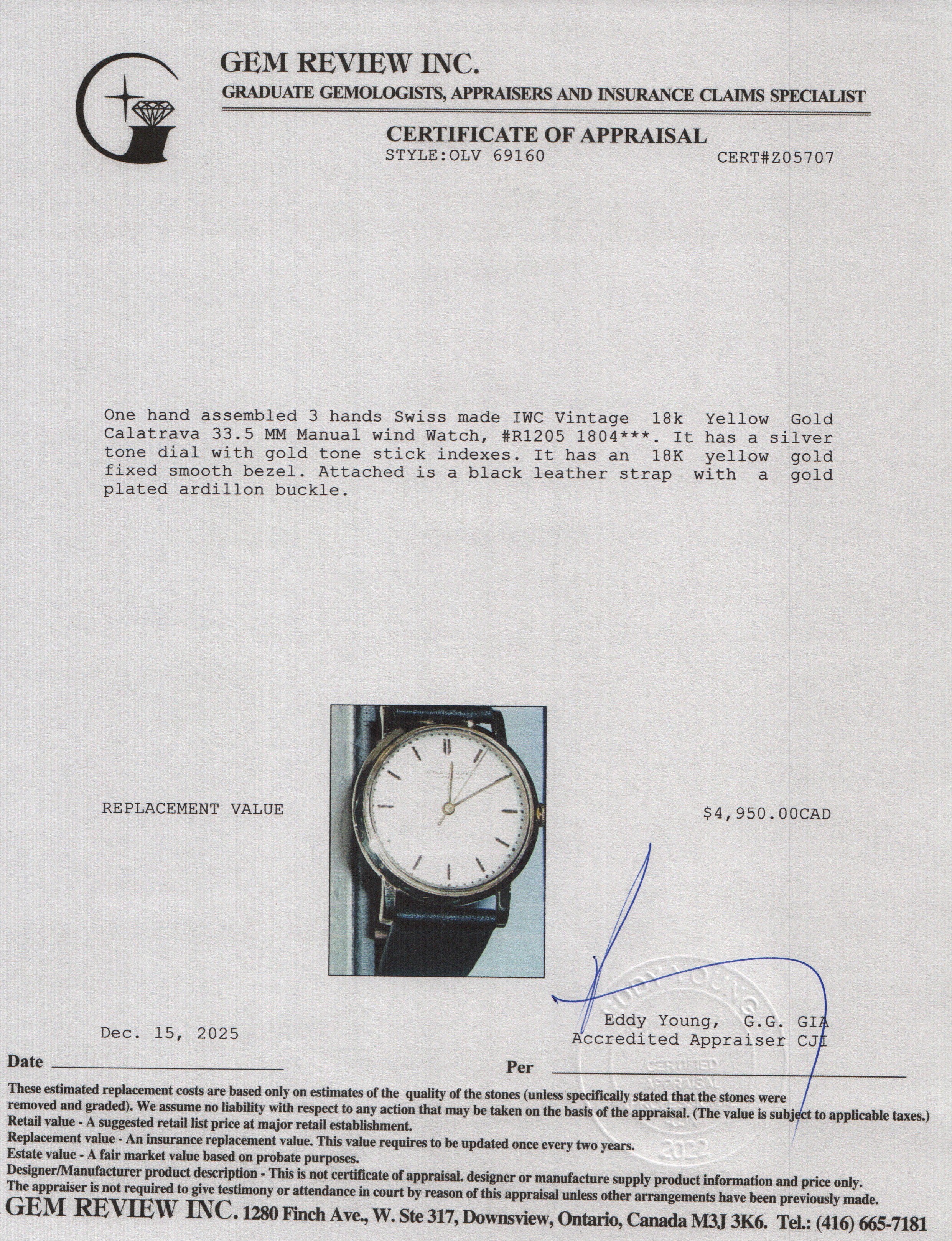 IWC Vintage 18k Yellow Gold Calatrava 33.5 MM Manual Watch White Dial