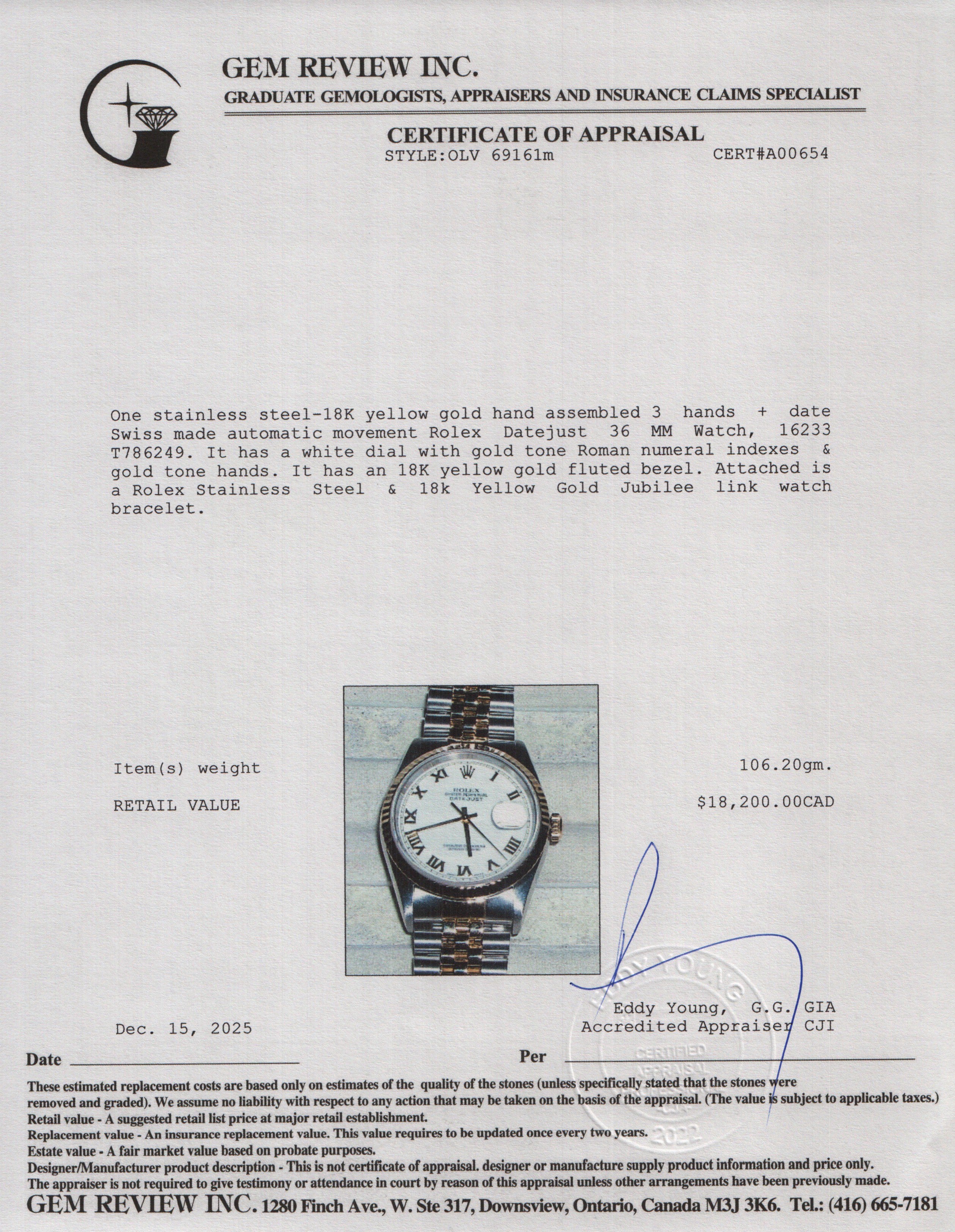 Rolex Stainless Steel & 18k Yellow Gold Datejust 36 MM Automatic Watch White Dial 16233 w/ Box & Papers