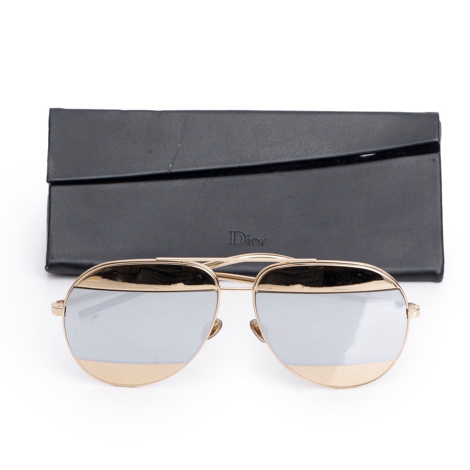 Christian Dior Gold Black Diorsplit1 Mirrored Aviator Sunglasses w/ Case