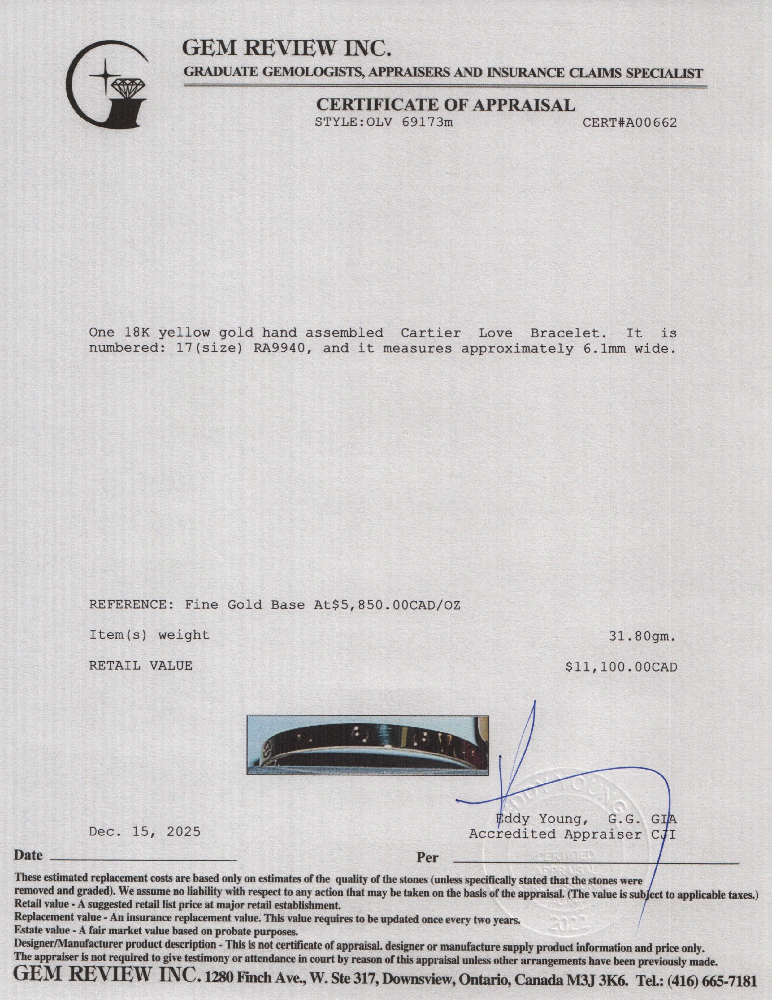 Cartier 18k Yellow Gold Love Bracelet, Classic Model, Size 17 w/ Box & Receipt