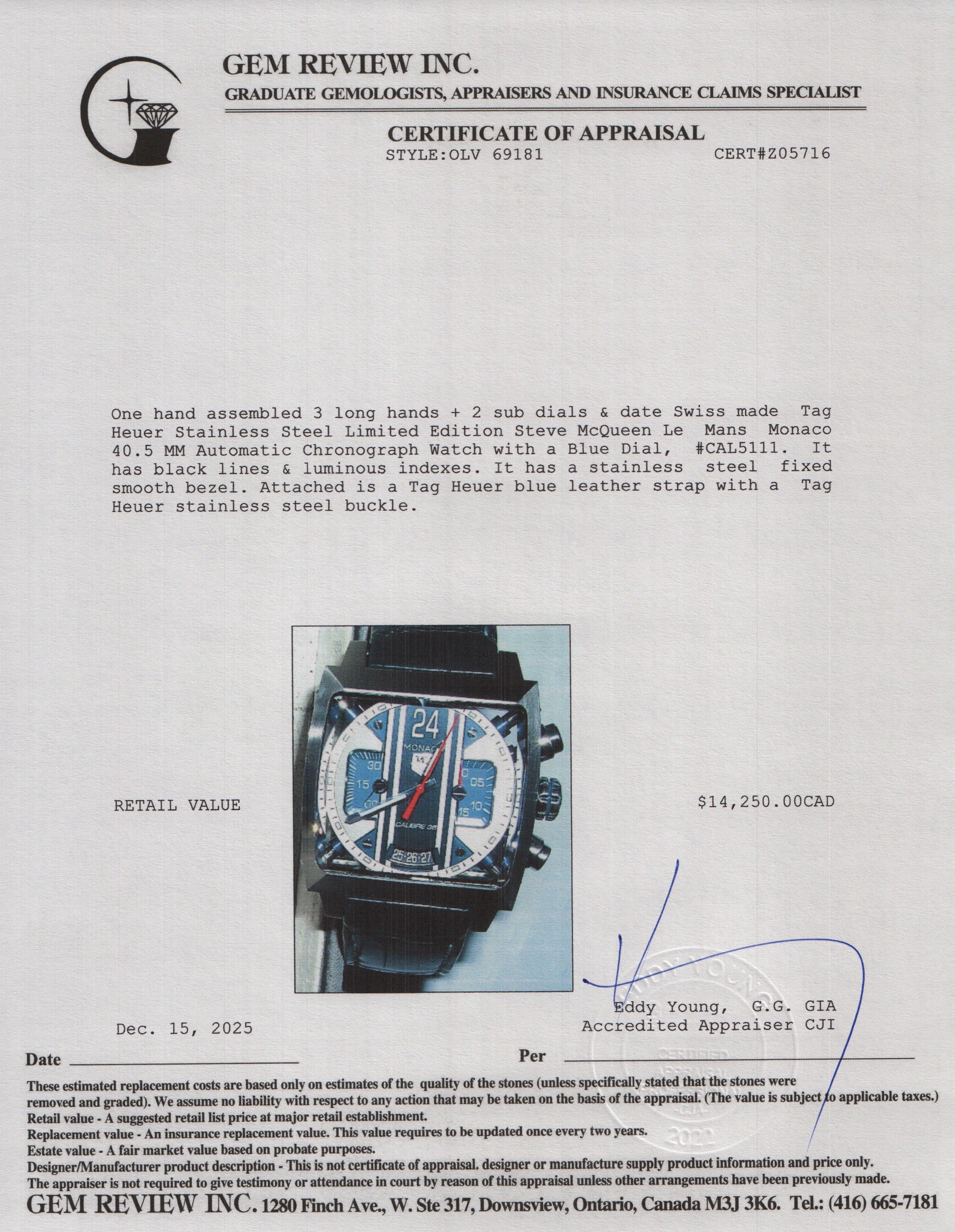 Tag Heuer Stainless Steel Limited Edition Steve McQueen Le Mans Monaco 40.5 MM Automatic Chronograph Watch Blue Dial CAL5111