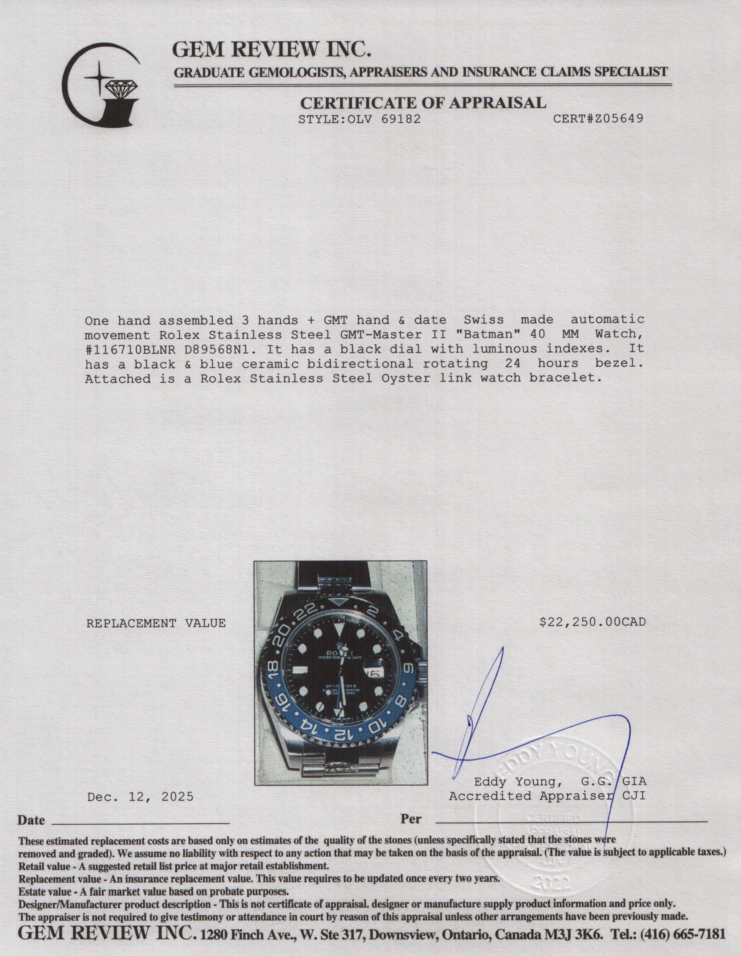 Rolex Stainless Steel GMT-Master II "Batman" 40 MM Watch 116710BLNR w/ Box & Papers