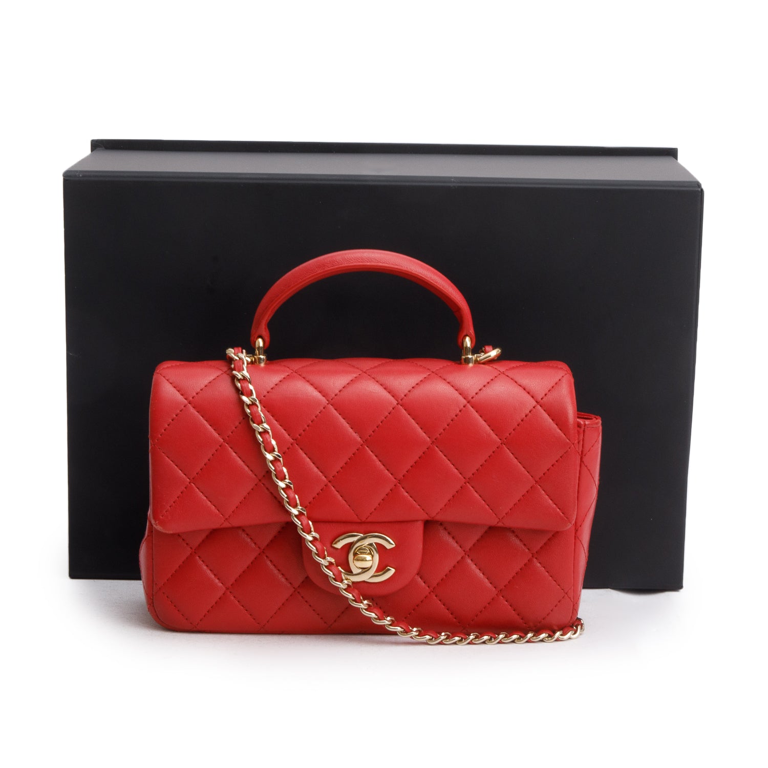 Chanel Red Lambskin Quilted Mini Top Handle Rectangular Flap w/ Box