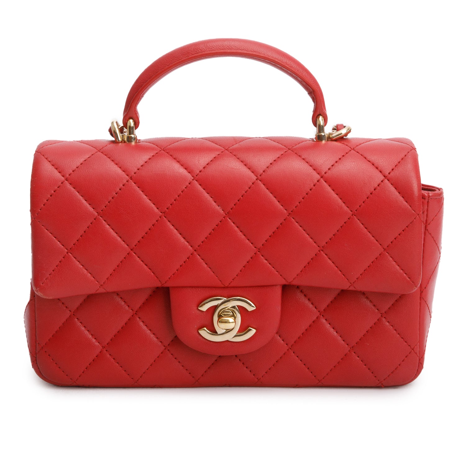 Chanel Red Lambskin Quilted Mini Top Handle Rectangular Flap w/ Box