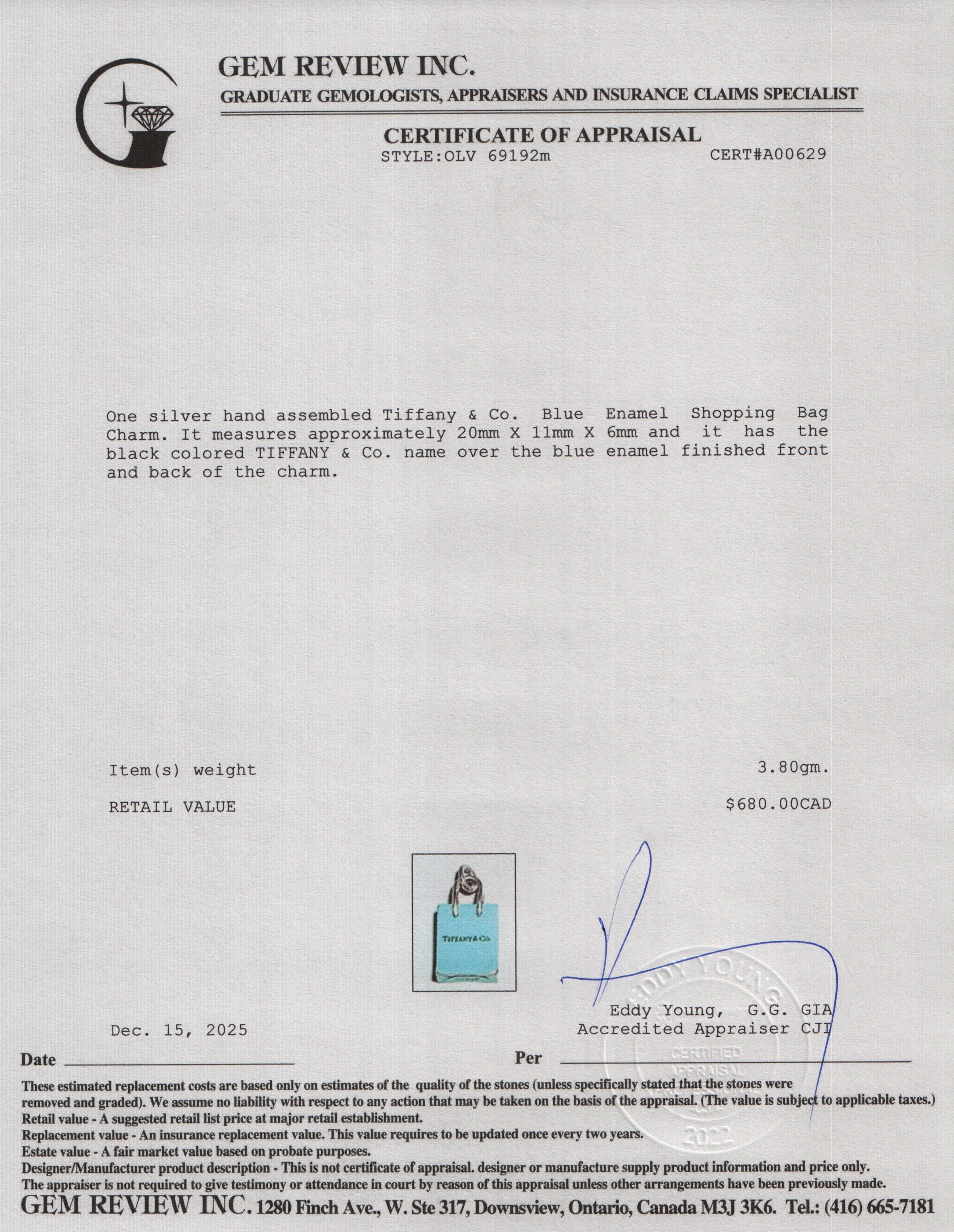 Tiffany & Co. Sterling Silver Blue Enamel Shopping Bag Charm