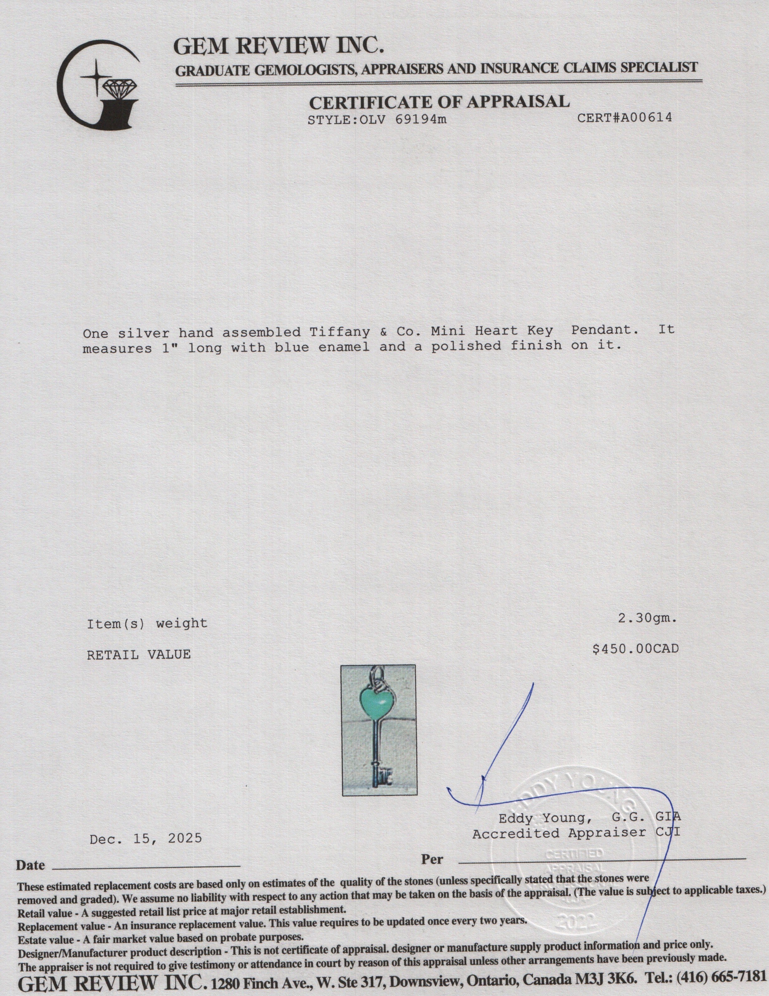 Tiffany & Co. Sterling Silver Blue Enamel Mini Heart Key Pendant