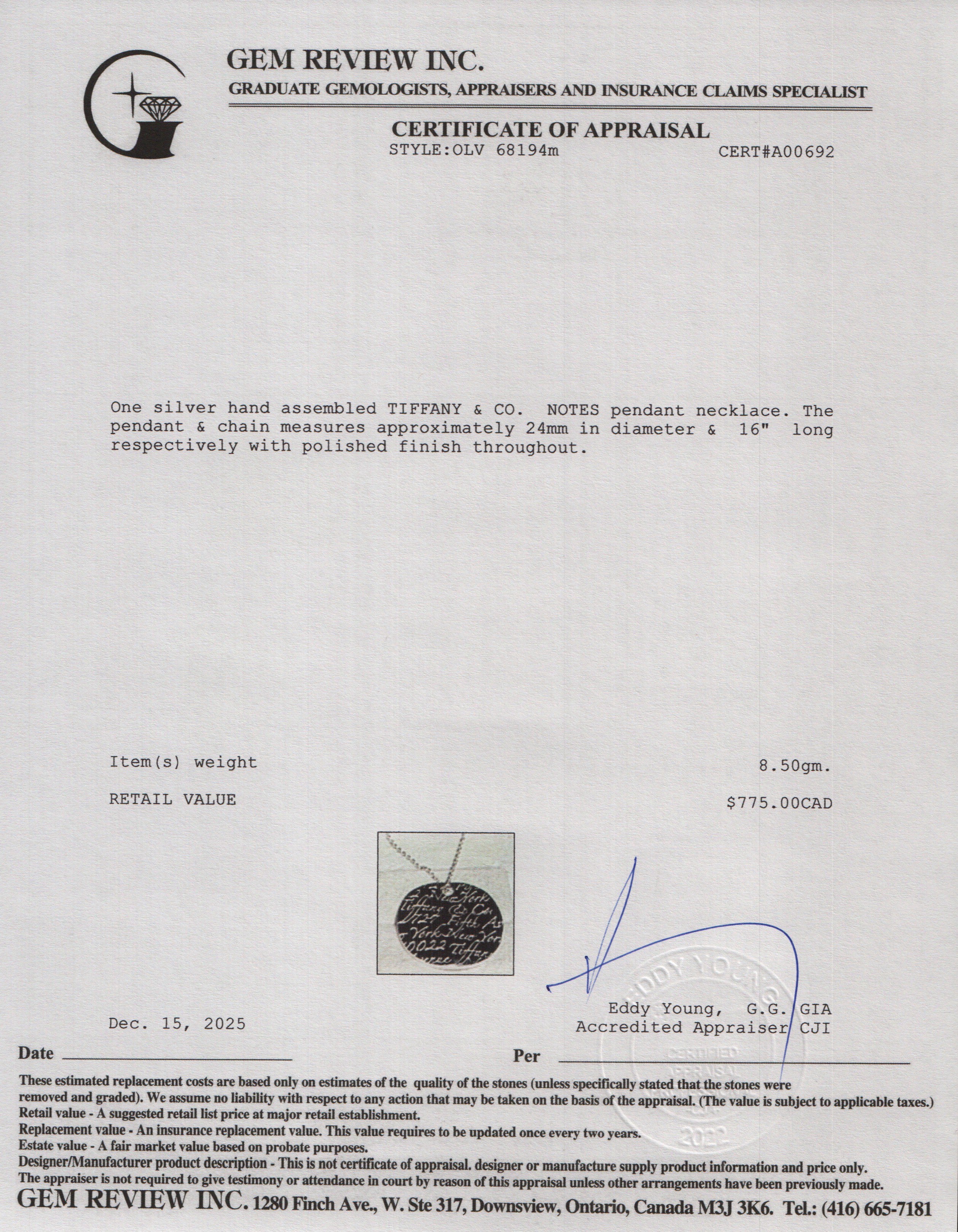 Tiffany & Co. Sterling Silver Small Notes Round Pendant Necklace