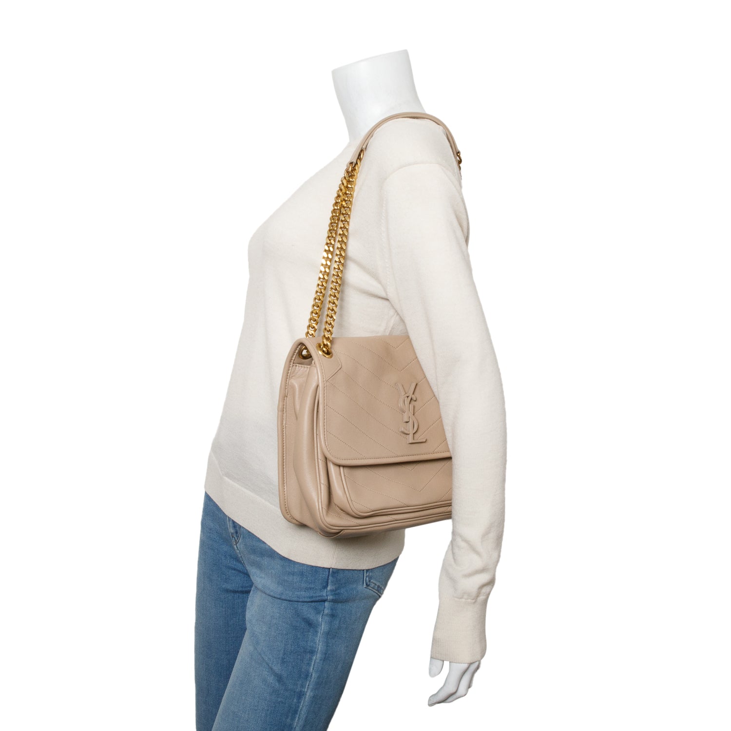 Saint Laurent 2020 Beige Lambskin Matelasse Monogram Medium Niki Chain Satchel w/ Box