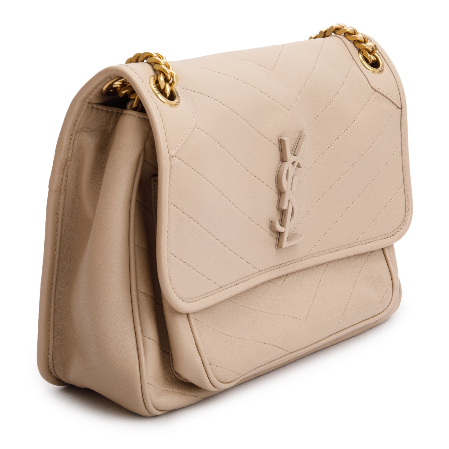 Saint Laurent 2020 Beige Lambskin Matelasse Monogram Medium Niki Chain Satchel w/ Box