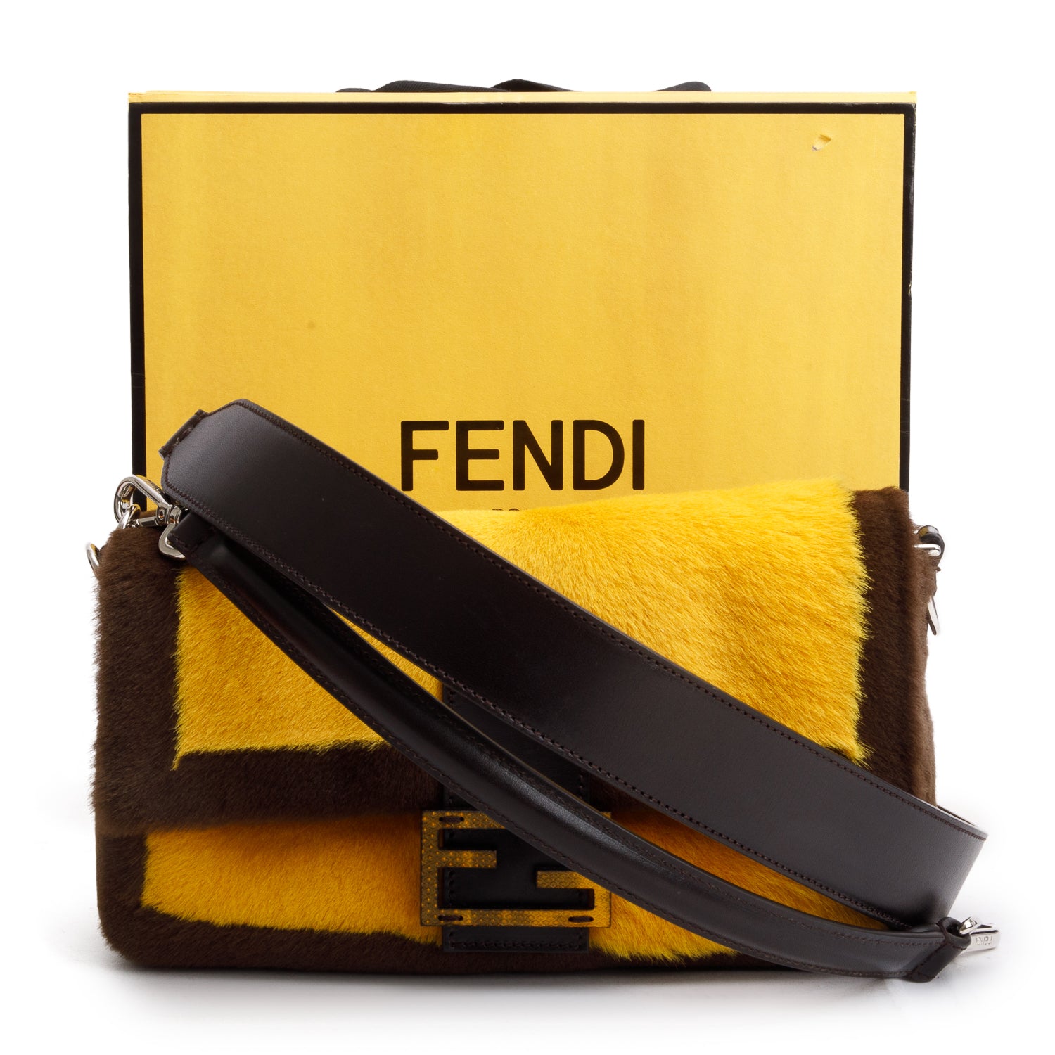 Fendi 2022 Yellow Brown Pony Hair Karung Baguette w/ Box & Straps