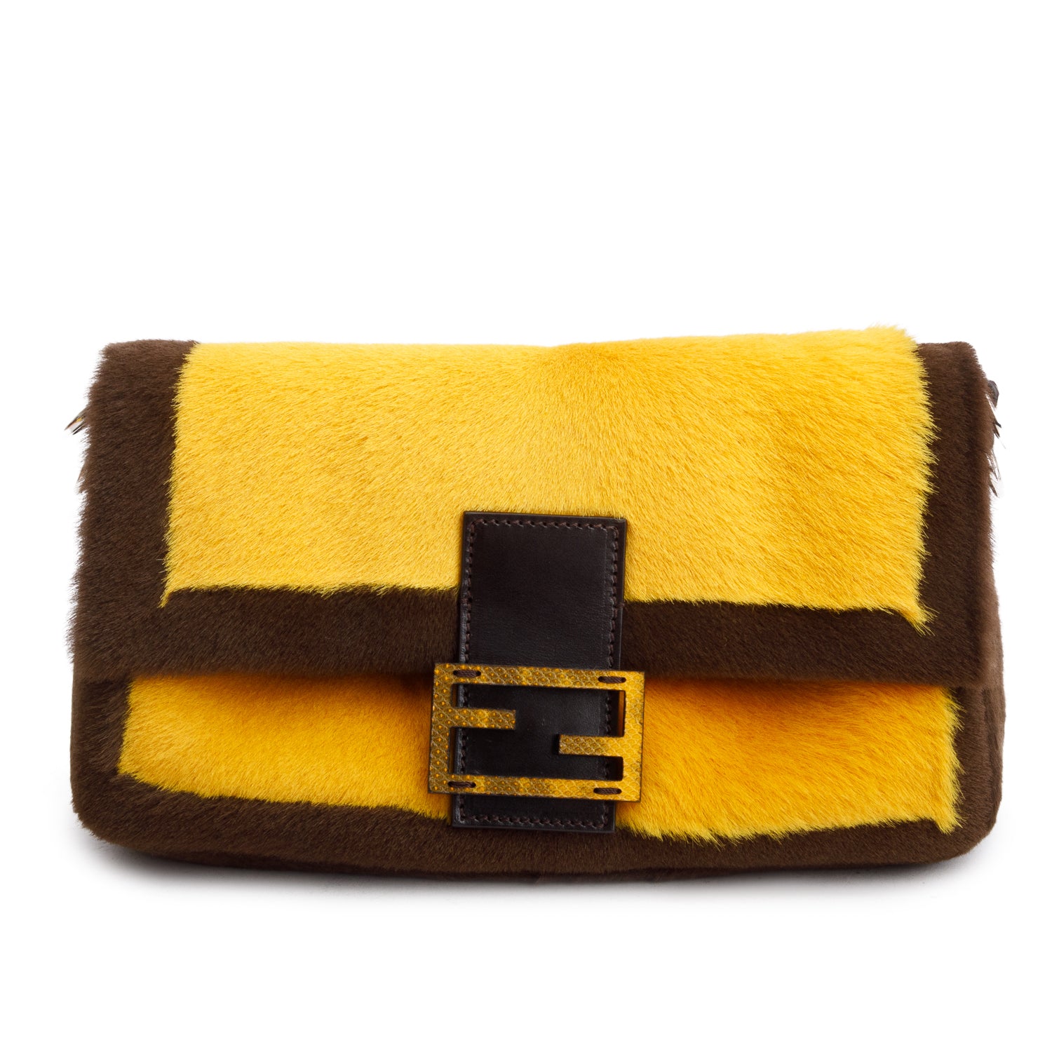 Fendi 2022 Yellow Brown Pony Hair Karung Baguette w/ Box & Straps