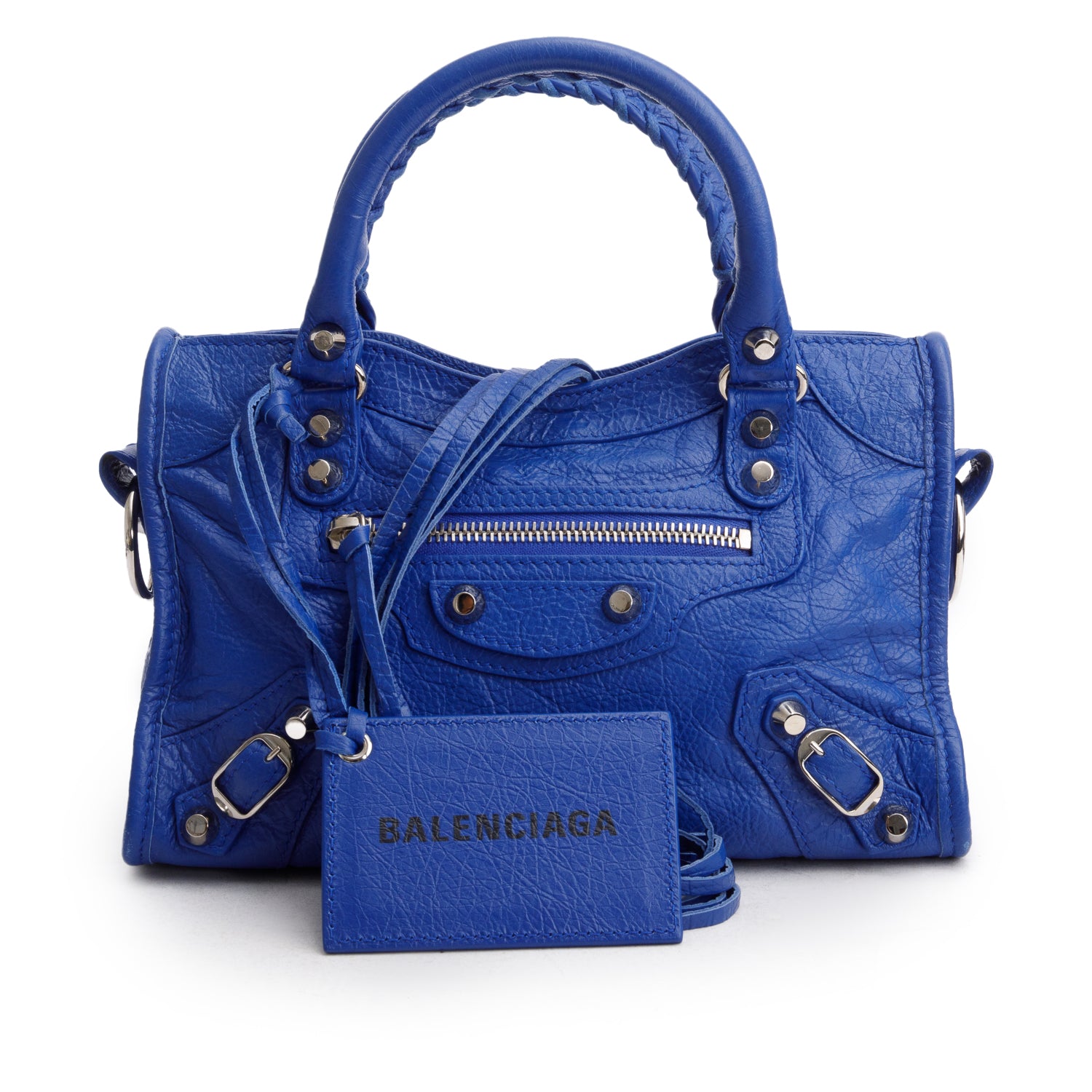Balenciaga Blue Agneau Leather Classic Mini City Bag w/ Logo Strap