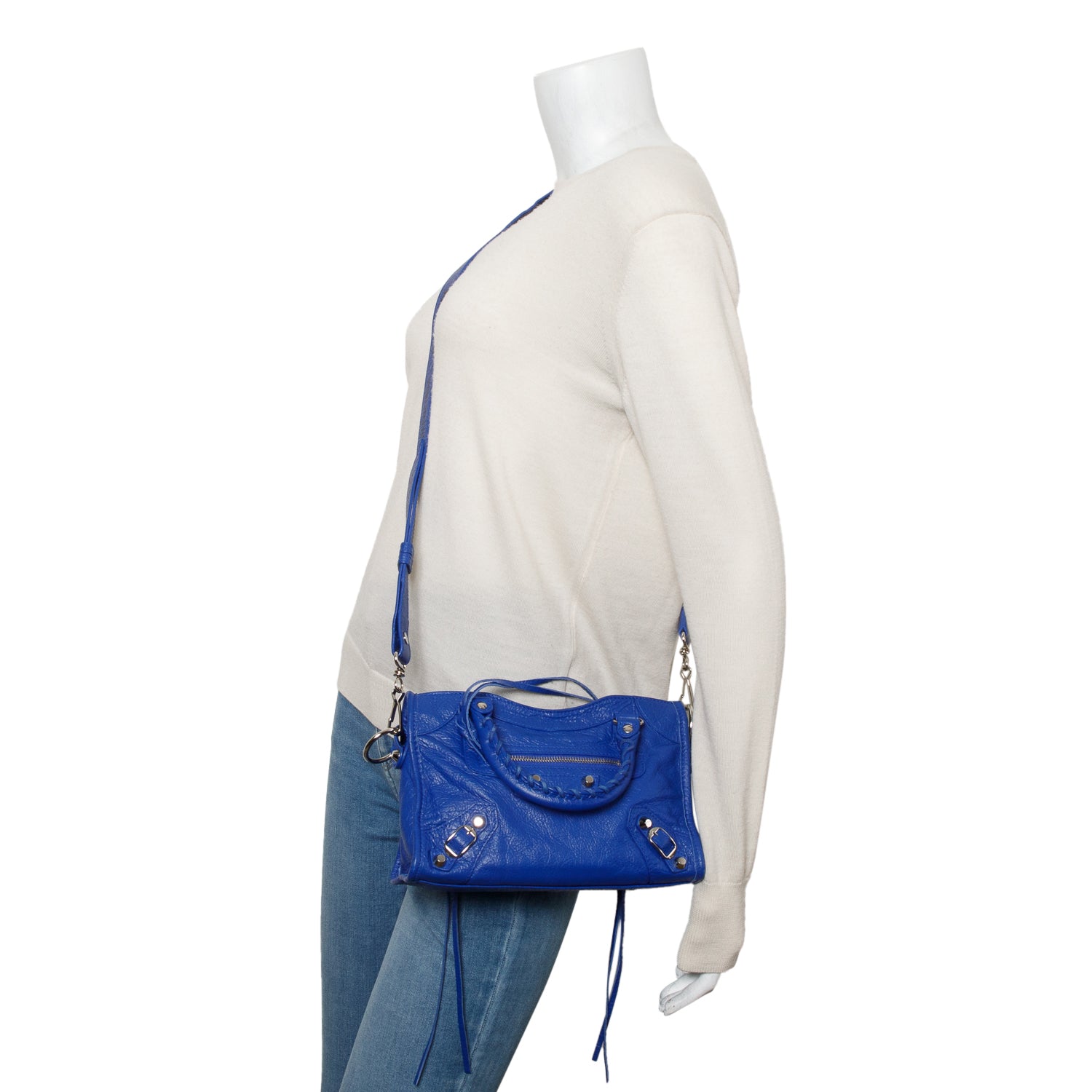 Balenciaga Blue Agneau Leather Classic Mini City Bag w/ Logo Strap
