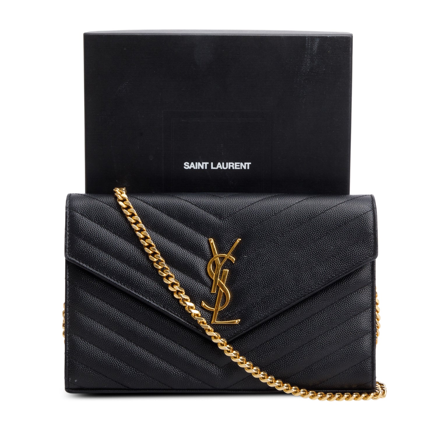 Saint Laurent Black Grain de Poudre Matelasse Chevron Cassandre Chain Wallet w/ Box & Receipt