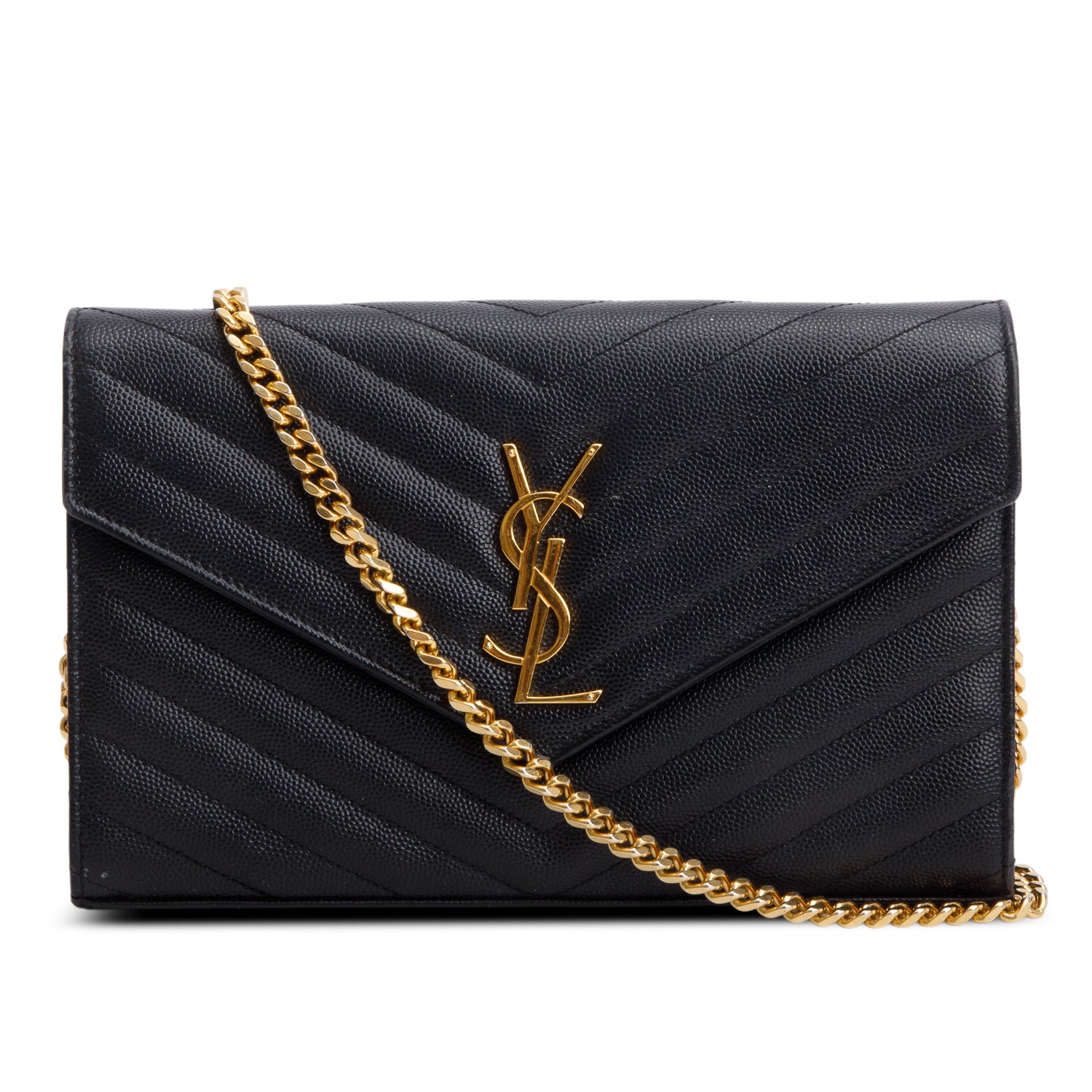 Saint Laurent Black Grain de Poudre Matelasse Chevron Cassandre Chain Wallet w/ Box & Receipt