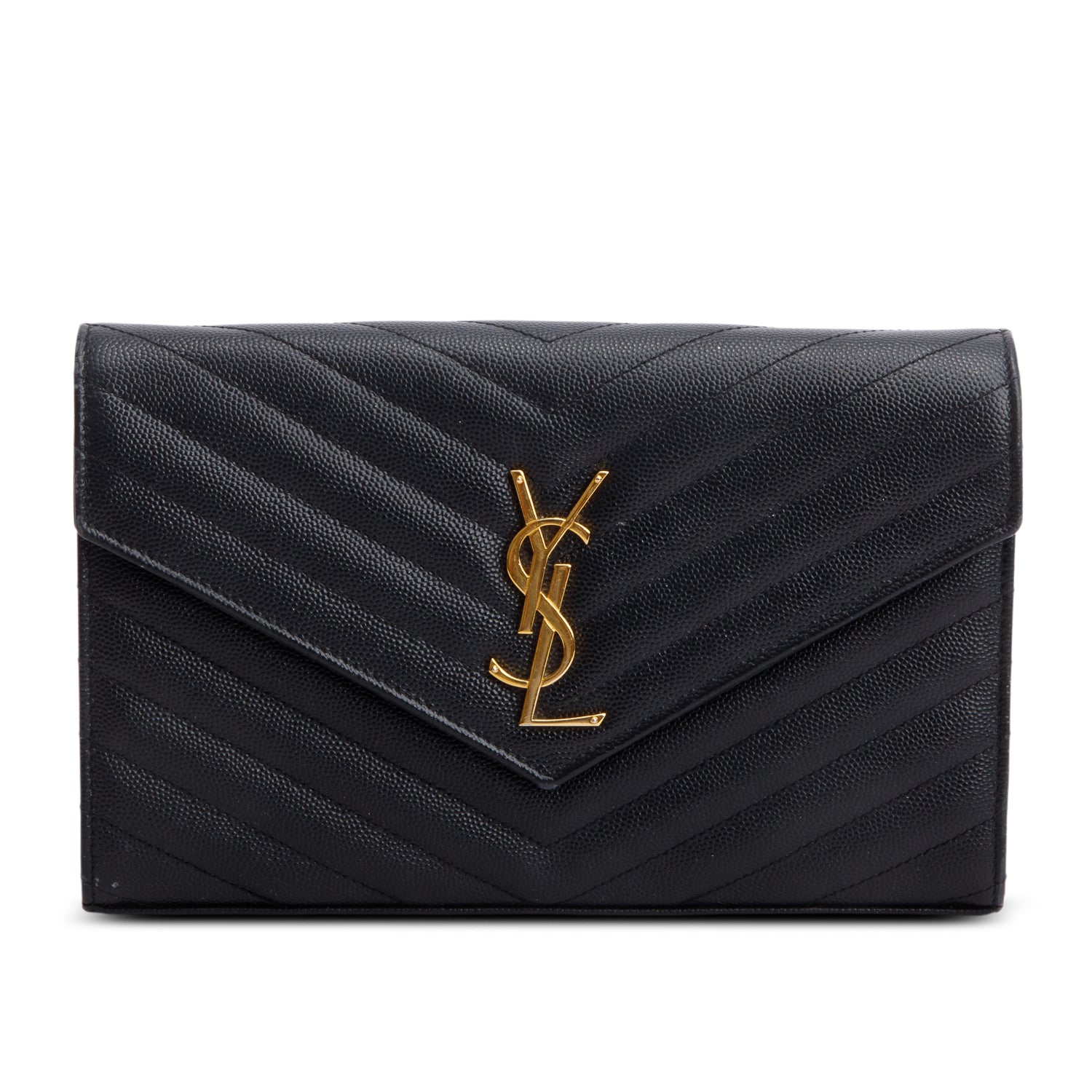 Saint Laurent Black Grain de Poudre Matelasse Chevron Cassandre Chain Wallet w/ Box & Receipt