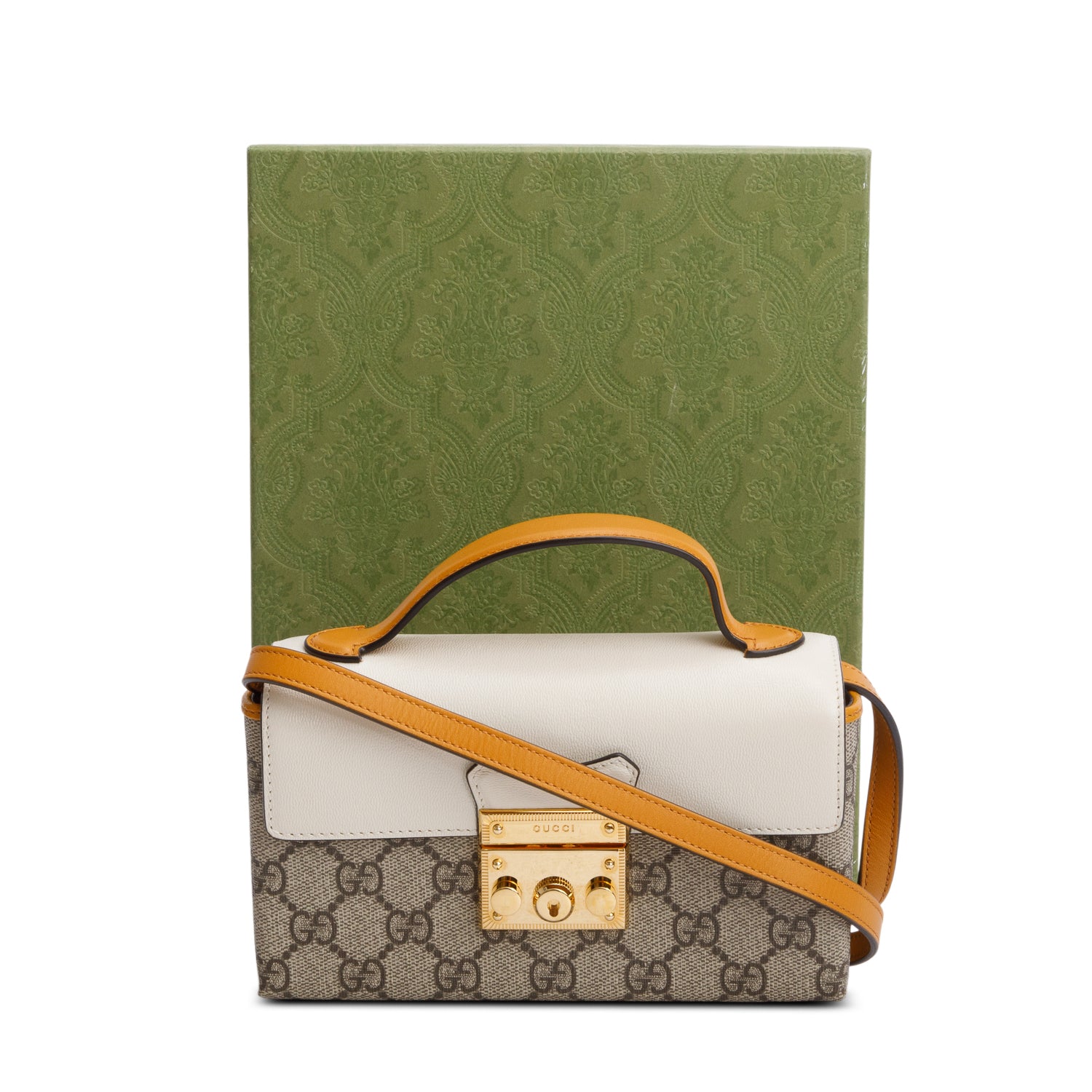 Gucci 2022 GG Supreme Monogram Calfskin Mini Padlock Top Handle Bag w/ Box, Strap & Receipt