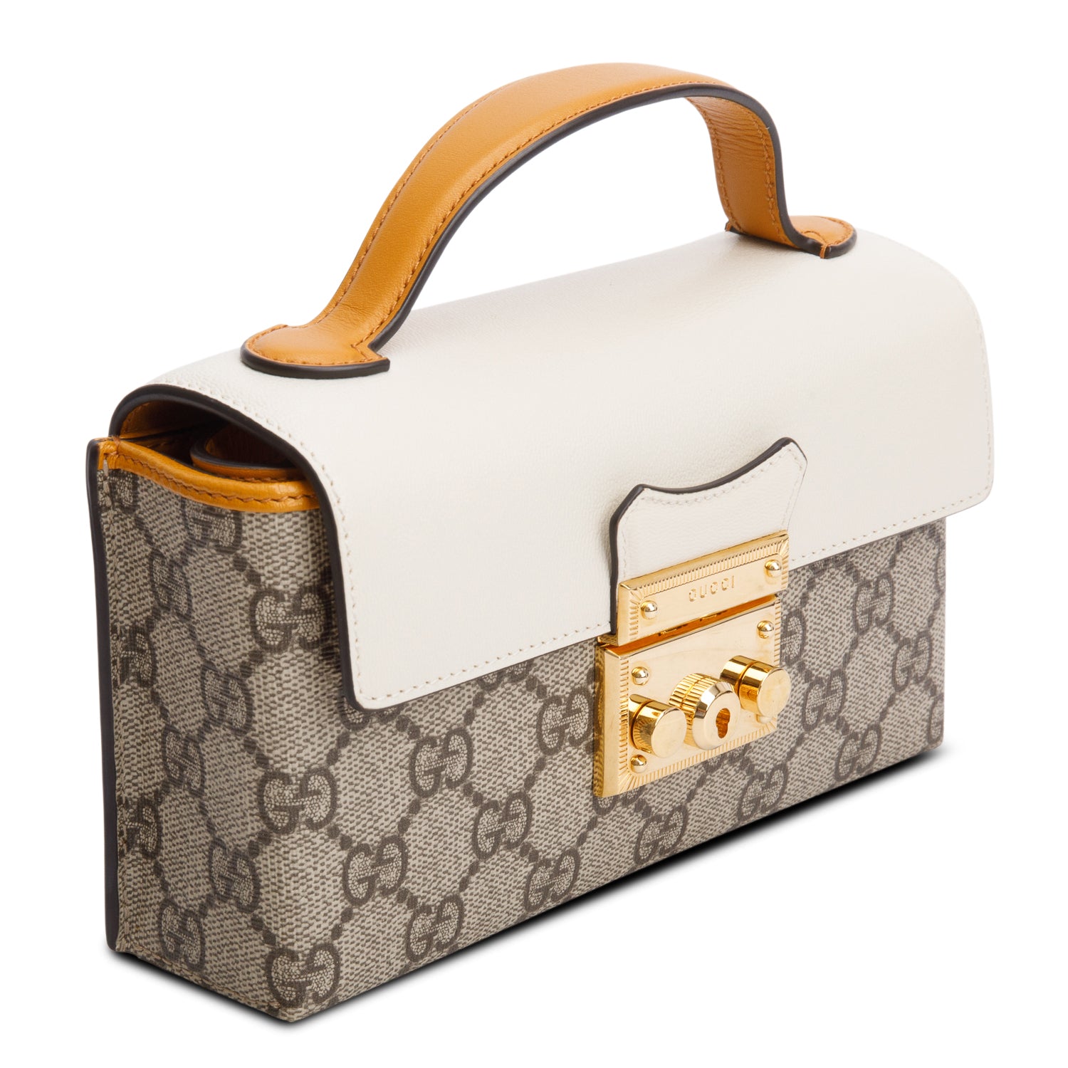 Gucci 2022 GG Supreme Monogram Calfskin Mini Padlock Top Handle Bag w/ Box, Strap & Receipt