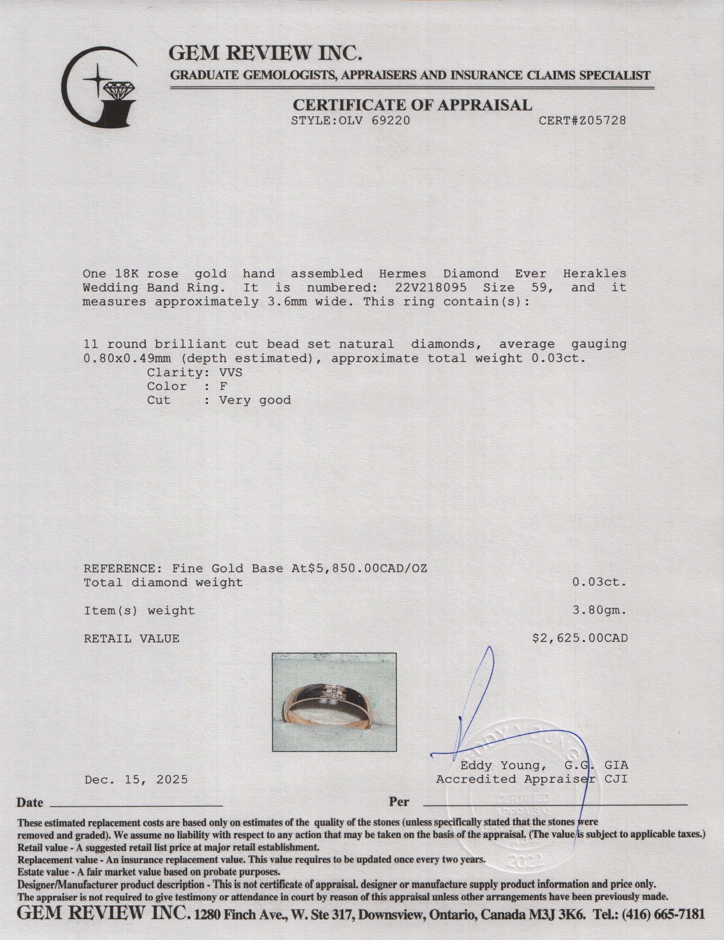 Hermes 2025 18k Rose Gold Diamond Ever Herakles Wedding Band Ring, Size 59 8.75 w/ Box & Certificate