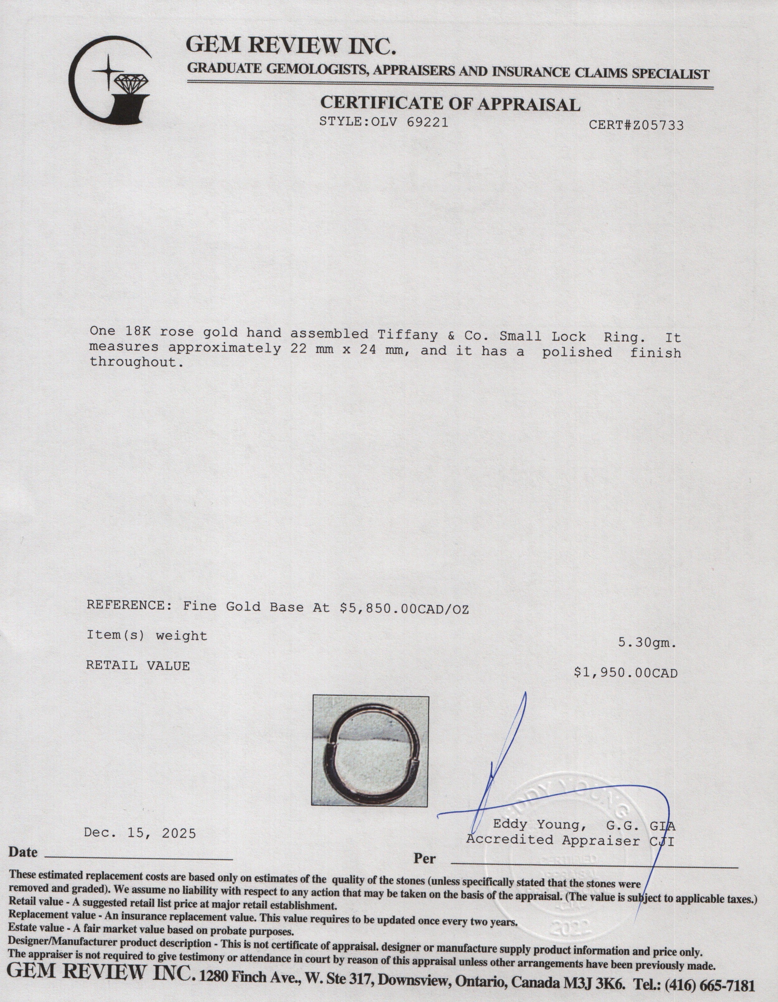 Tiffany & Co. 18k Rose Gold Small Lock Ring, Size 8