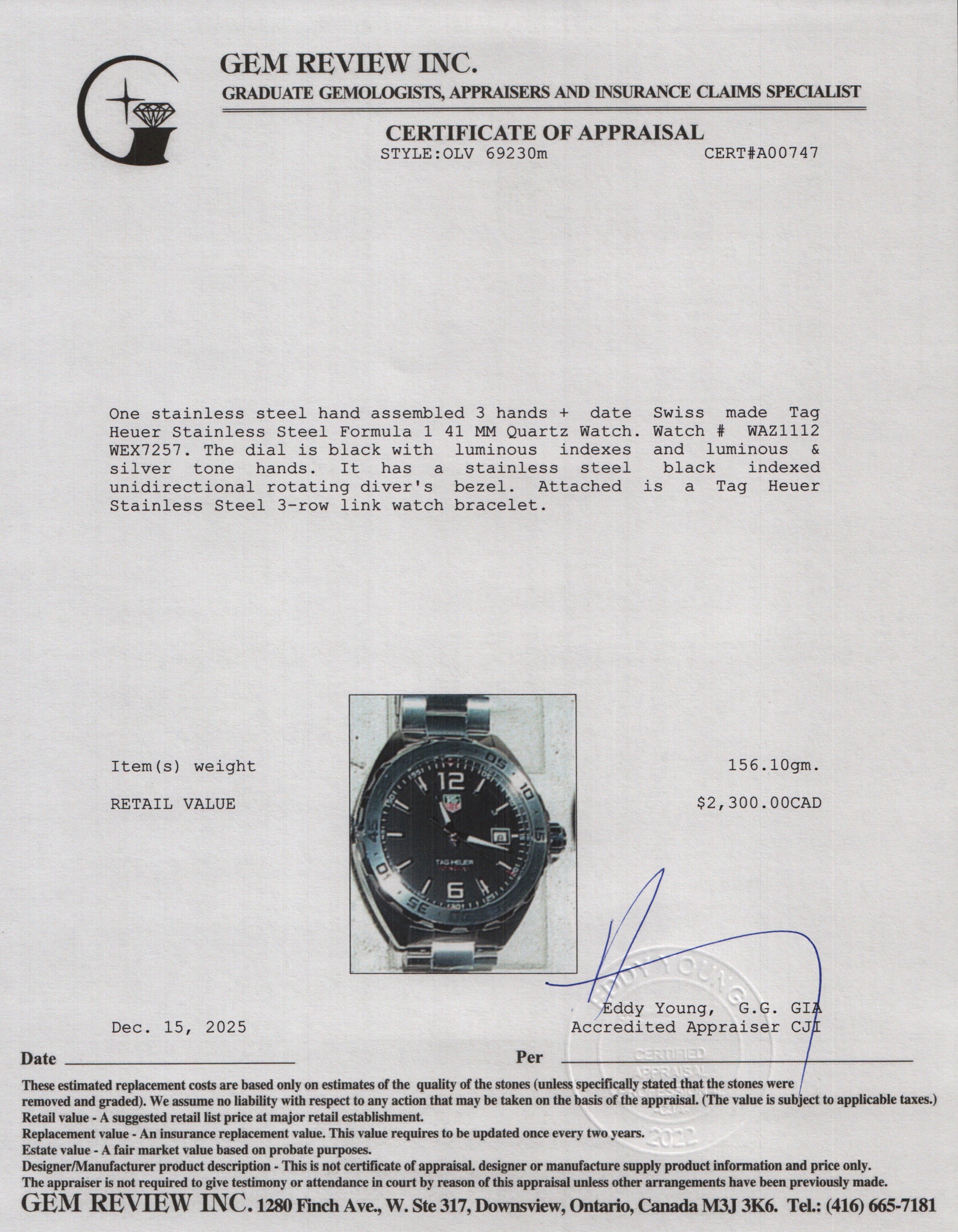 Tag Heuer Stainless Steel Formula 1 41 MM Quartz Watch Black Dial WAZ1112